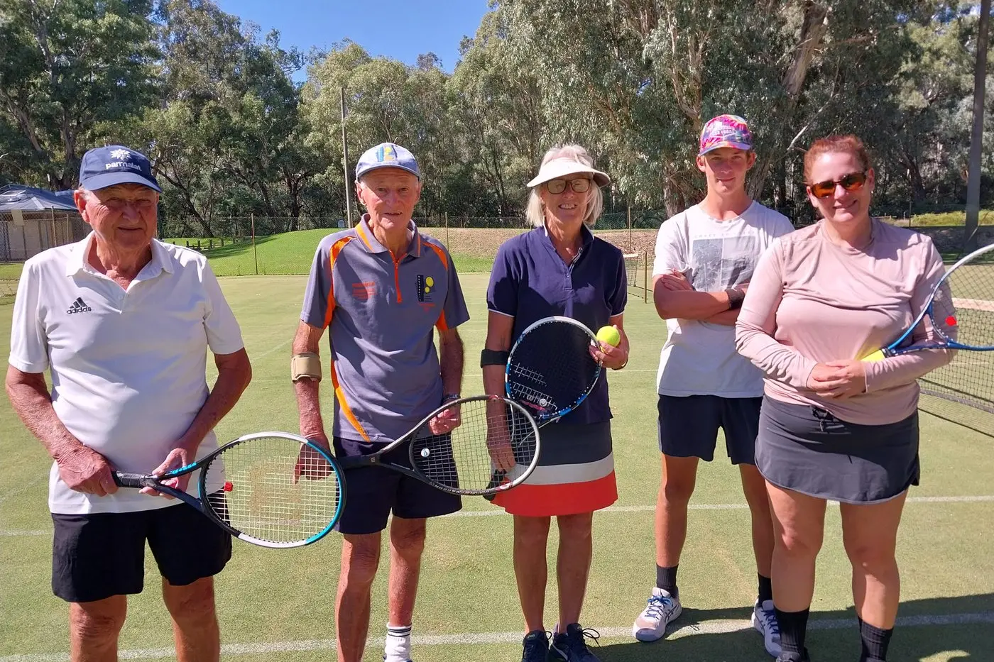 AUTUMN TENNIS: (from left) John Shanley, Mick Keogh, Sue Piper, Victor Lairson and Amy Lairson took to the courts on Saturday.