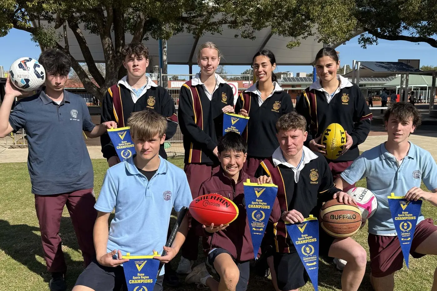 TEAM GALEN: Galen Catholic College students, back Ashley Primerano and Archer Hill (soccer), Georgie Canning, Estella Hernandez and Niamh Lavis (AFL), front Oliver Gillies (hockey), Harry O\\'Brien (AFL), Charlie Lugg (basketball) and Callum Bott (netball) are among those set to represent the school at state level over coming weeks in their various sports.
