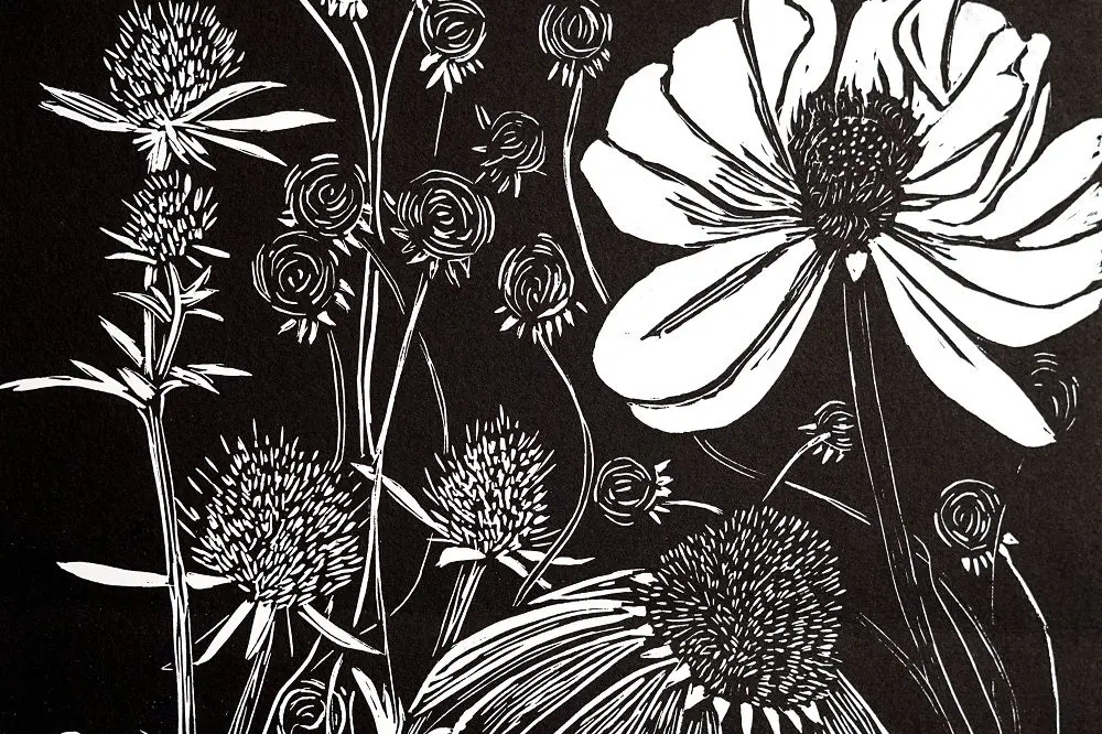 BOLD CONTRAST: The exhibition in the Benalla Art Gallery shop includes works such as Kerryn AMERY, Garden flowers [detail] 2025, linocut on paper.