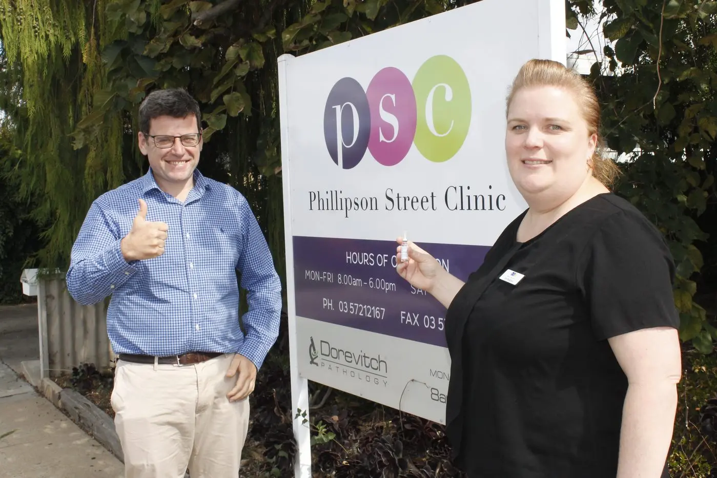 STILL JABBING: Phillipson Street Clinic medical director Dr Patrick O\\'Connor and practice manager Deb Bridgfoot were happy to still use the AstraZeneca vaccine.  PHOTO: Nick Sinis