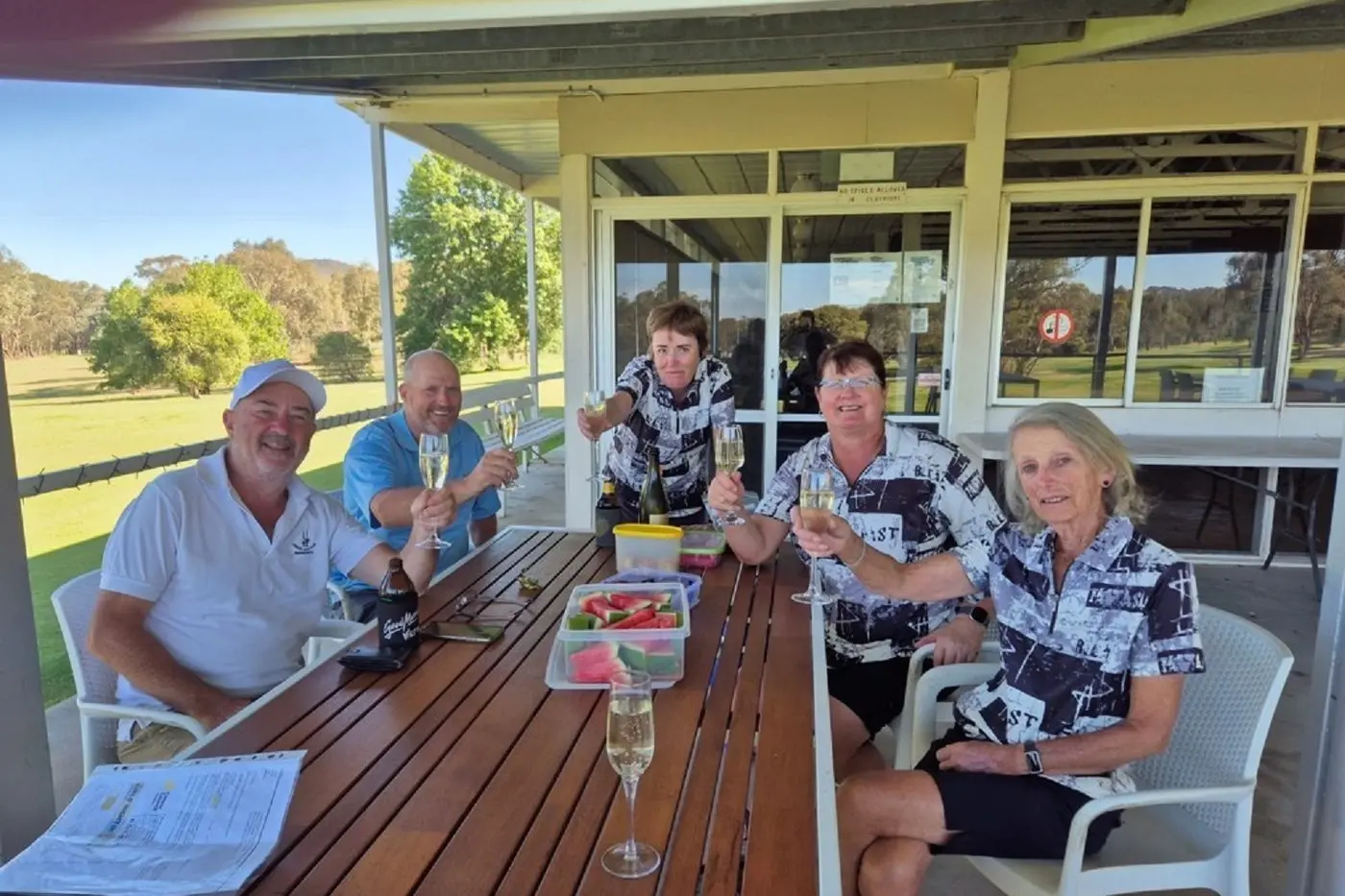 LONG DAY FOR JESTERS: The Jubilee Jesters (from left) Gordon Hines, Glenn Hunt, Judy Fogarty, Leeanne Carmody and Frances Duffy celebrate after completing 72 holes of golf in a single day as part of the Cancer Council\\'s The Longest Day fundraiser.