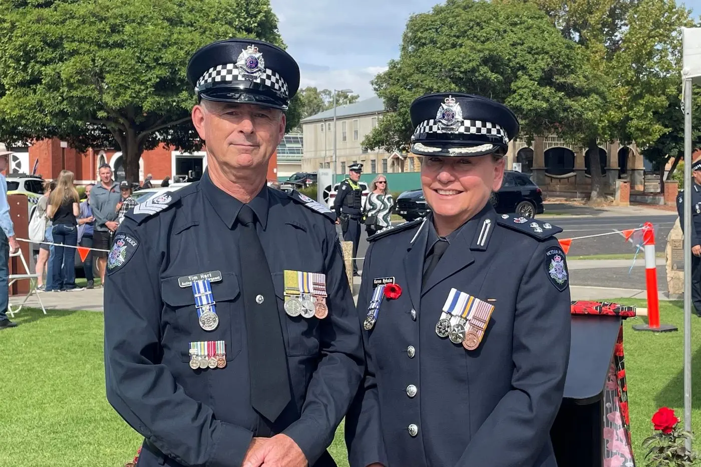TRUE BLUE HEART: Acting Senior Sergeant Tim Hart and Eastern Region Commander Karen Nyholm at Wangaratta\\u2019s 11am ANZAC Day service last Friday morning. PHOTO: Grace Fredsberg 