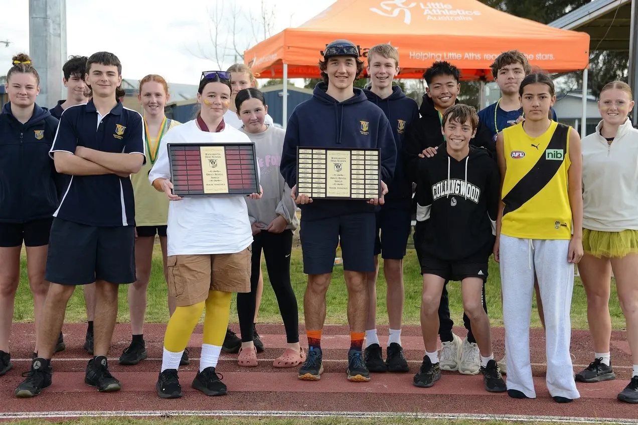 VICTORS: Merriwa House claimed the Bruce Revell Shield at the recent Wangaratta High School Athletics Carnival.  Pictured are Merriwa captains Casey Sheppard, Ryan Winter, Roy Dunstan, Inanay Gilson, Teagan Wilson, Ruby O\\'Kane, Marley Higham, Alec Armstrong, Leo Woodburne, Clarence Lampa, Ollie Fisher, Thomas Fieldew, Mia Simpson and Kaity Ford.