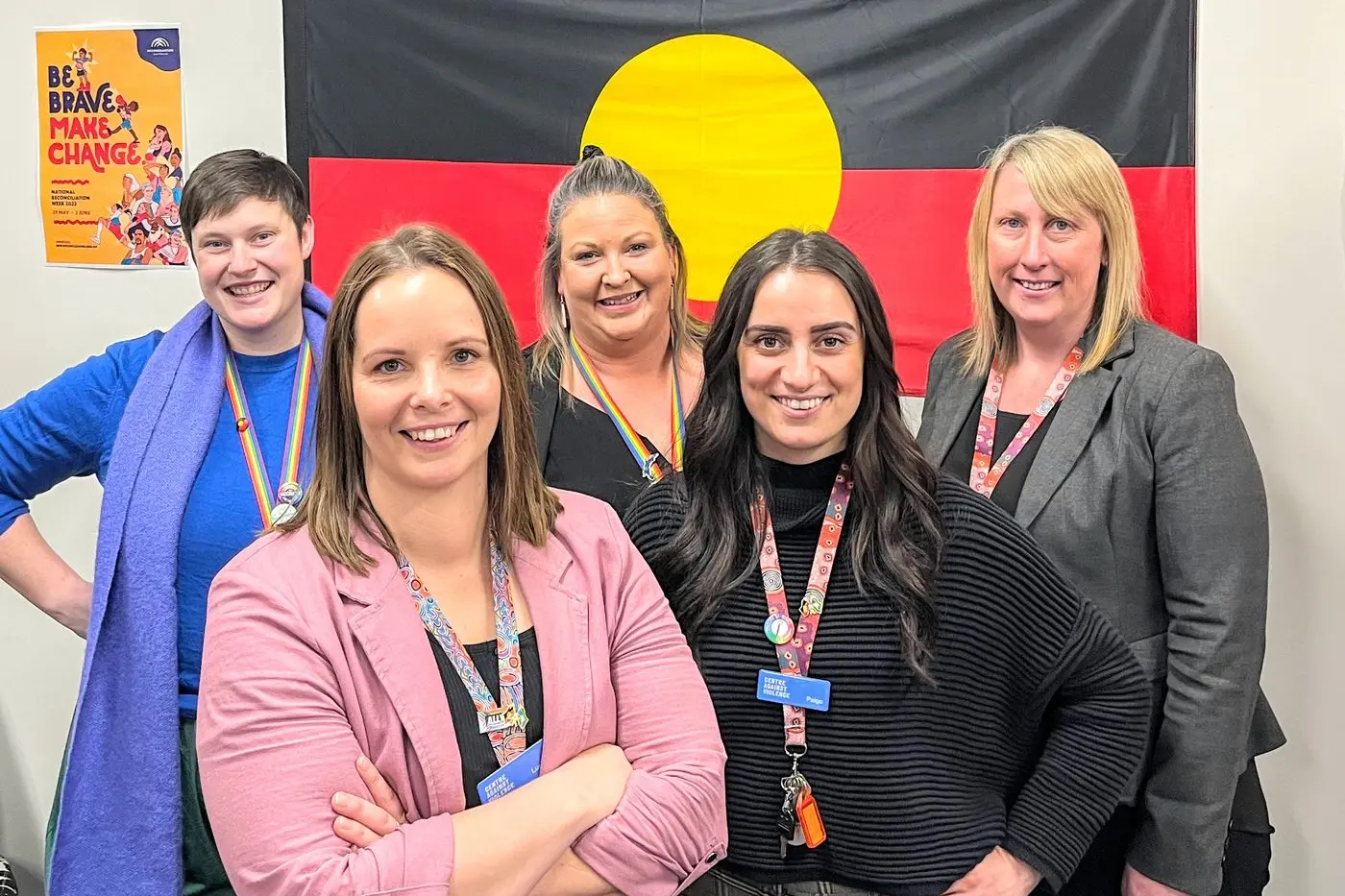 RECRUITMENT DRIVE: Acting Centre Against Violence CEO Lucy Lee (front) with team members (from left) Wen, Kate, Paige and Robin. Id:28230