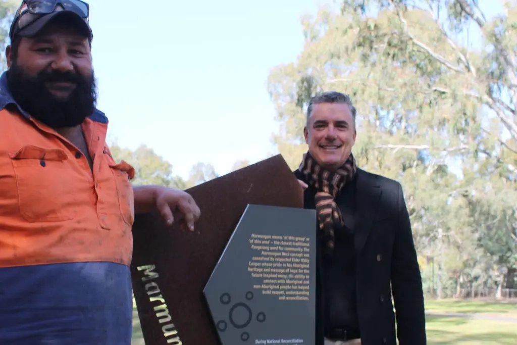 SET IN STONE: Dirrawarra Indigneous Network\\'s Jessie Cooper and Rural City of Wangaratta Mayor Dean Rees  will welcome the hand print of 2024 Citizen of the Year Ruth Kneebone to the Marmungun Rock on May 26. PHOTO: Ryan Malcolm