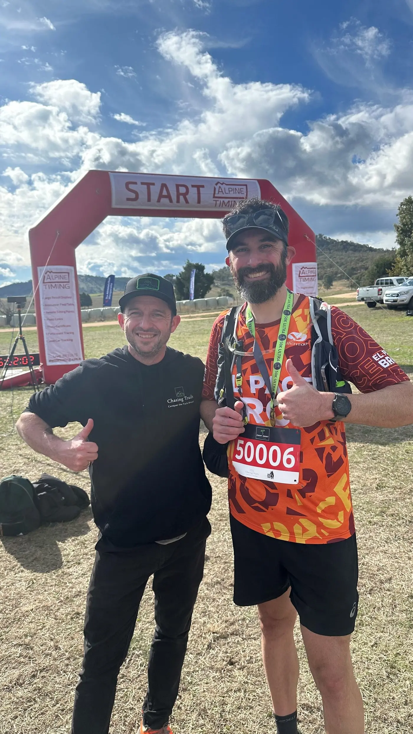KWAT A WINNER: Race director Dean Milligan (left) and 50km finisher Zac Domagalski celebrate the successful event.