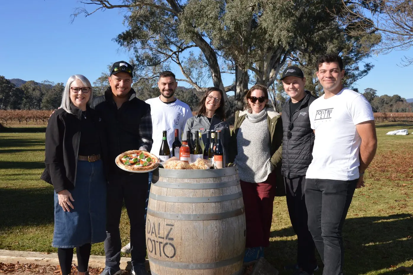 WARM WELCOME: King Valley wineries are ready and waiting to welcome visitors to this year\\'s Weekend Fit for a King food and wine festival. Caroline Zomerdijk (Pizzini), Cristian Troncoso (Dal Zotto), Mauro De Candia (Dal Zotto), Jasmine Baldry (Dal Zotto), Sophie Darling (Darling Estate), Matt Reiter (Pizzini), Jacques Simian (Politini) and friends, will be offering great wines to taste, heartwarming food to savour and fun, family entertainment over the June long weekend. PHOTO: Anita McPherson
