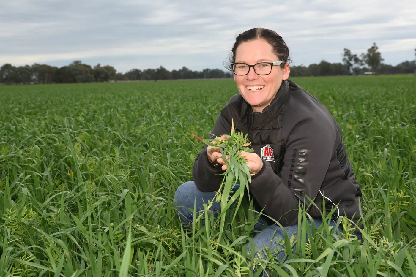 CLOSE EYE: AG Warehouse agronomist Bec Bingley inspects an oats and vetch crop. PHOTO: Kurt Hickling. 