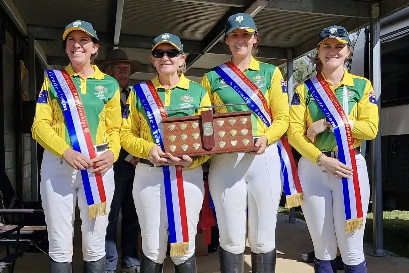 AUSSIE CHAMPIONS: (From left) Christine Staats, Donna Davidson, Brodie Chandler, and Taylah Smithon the dais after their championship success. PHOTO: Jo Watson