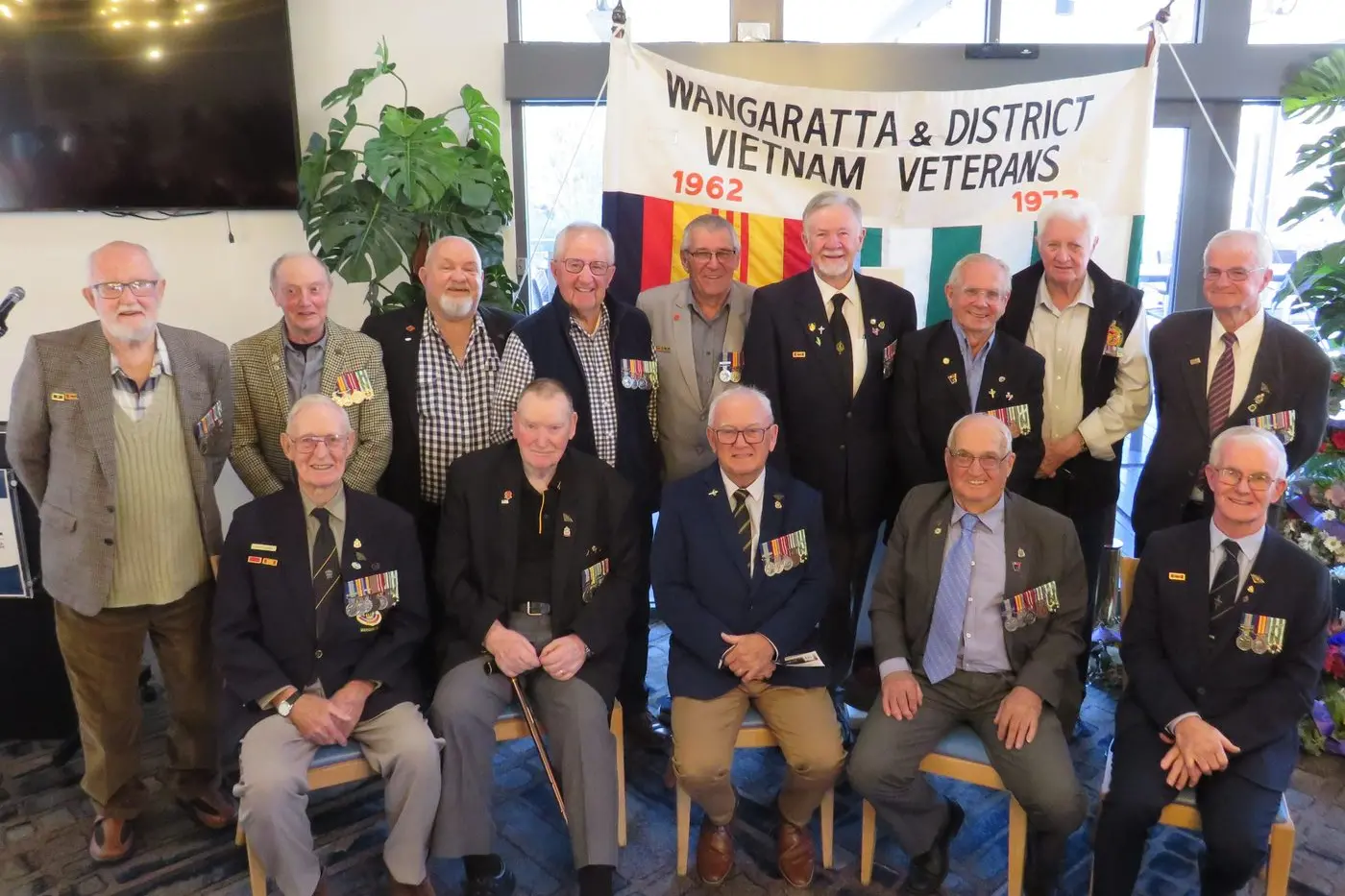 TIME TOGETHER: Vietnam veterans gathered at Monday\\'s Wangaratta service included (back) Ken Marsden, Ken Daly, Wayne Pople, Chris Farrell, Daryl Norman, Geoff Daly, Theo Bongers, Gary Hadley, Paul Gannan, (front) Ross Guymer, Peter Cardwell, Ross Benton, Russell Godde and Bob Hayward.  PHOTO: Simone Kerwin