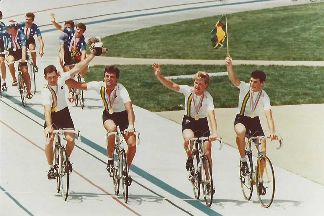 FORTY YEARS AGO: Wangaratta cyclist Dean Woods (far right) with fellow team pursuit gold medallists Kevin Nichols, Michael Turtur and Michael Grenda after their 1984 victory in Los Angeles.  PHOTO: AusCycling