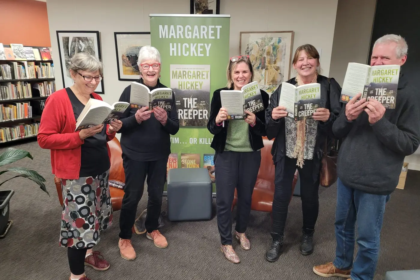 AVID READERS: Beechworth\\u2019s Andrea Browne (left), Yackandandah\\u2019s Janne Oborn, author Margaret Hickey, Beechworth\\u2019s Lyn Thomas, and Michael Browne at last Thursday\\u2019s book launch in Beechworth. PHOTOS: Coral Cooksley