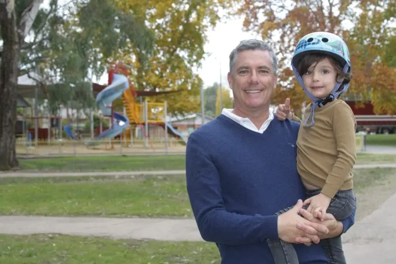 FAMILY ATTRACTION: Rural City of Wangaratta mayor Dean Rees and son Oliver take a look at the area soon to be redeveloped into an adventure play destination.  PHOTO: Nick Sinis