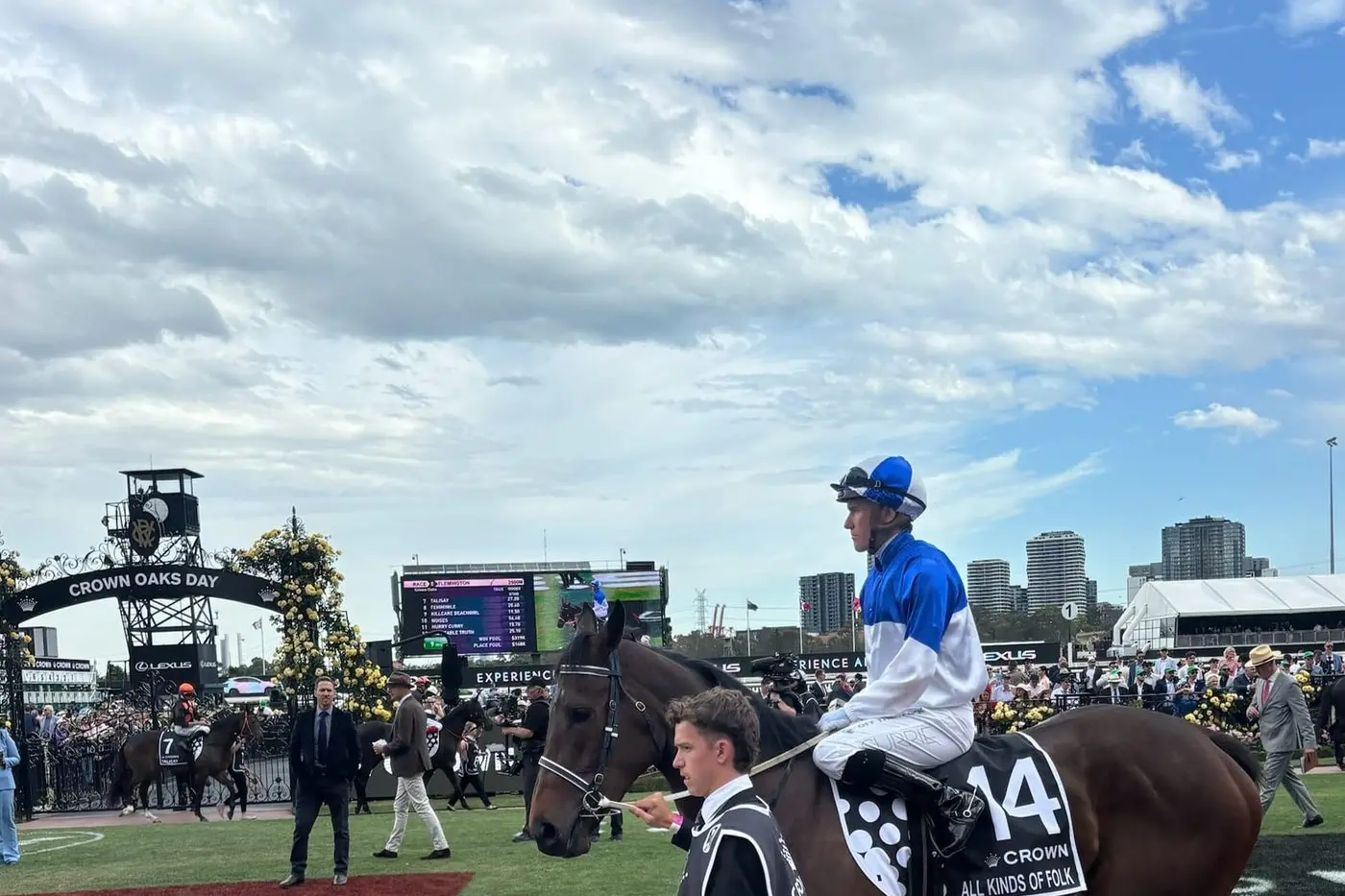 THE BIG STAGE: All Kinds Of Folk is led out to the track at Flemington before the Crown Oaks race last Thursday. PHOTO: K&C Jumping Team