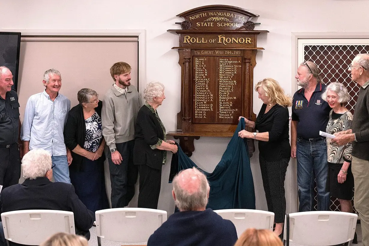 OFFICIAL UNVEILING: Helping officiate at the unveiling were (from left) Peter Bell, Greg Vonarx, Debbie Vonarx, Zak Adair, Thelma Adair, Heather Potter, Ken Bell, Marg Pullen and John Docker. 