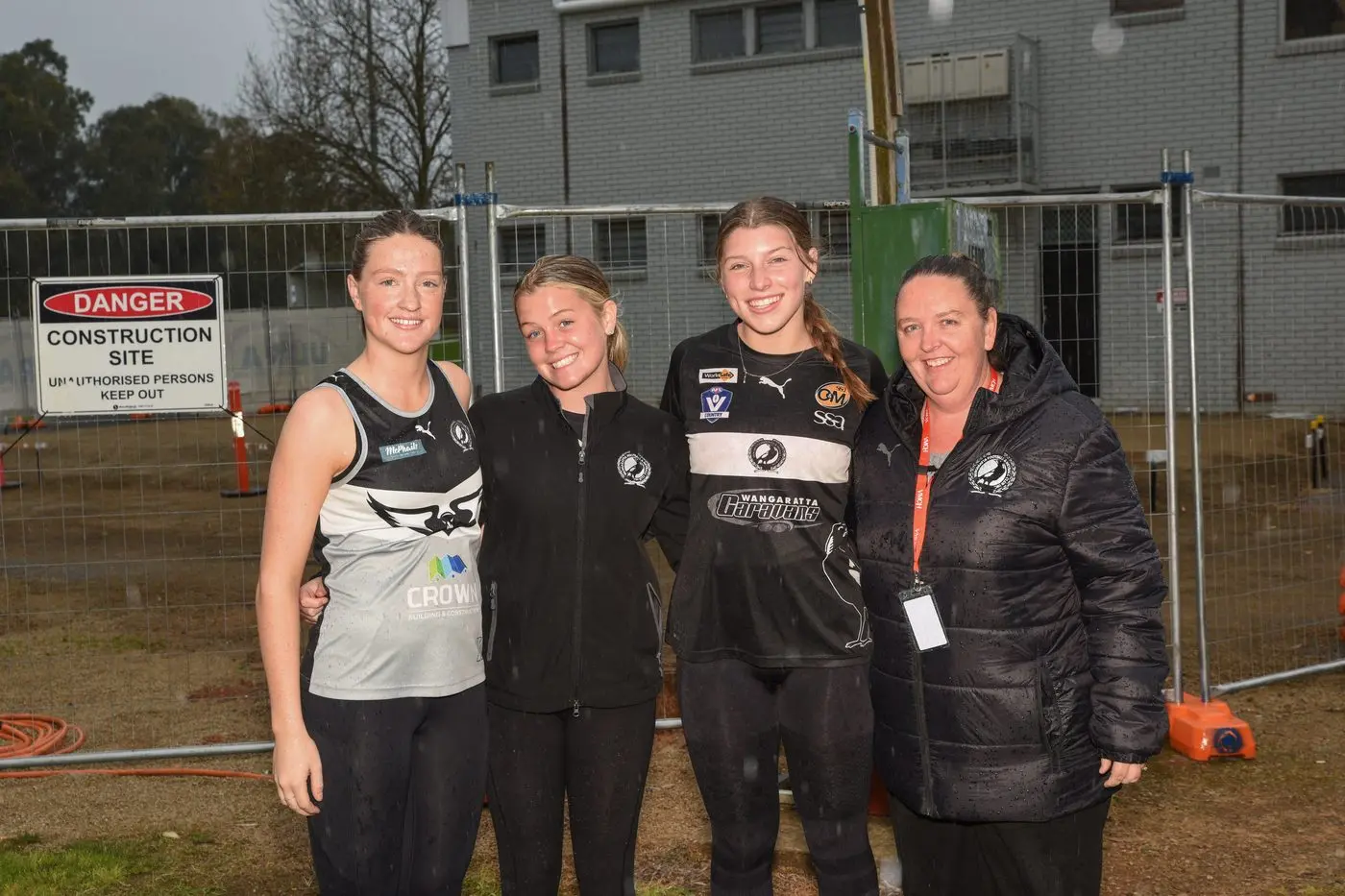 GETTING CLOSER: Wangaratta Magpies netballers Rose Henry, Holly Humphry and Abbey Moore, and Wangaratta Football Netball Club president Ellyn O\\'Brien, are looking forward to the completion of change room upgrades at the Showgrounds. PHOTO: Kurt Hickling