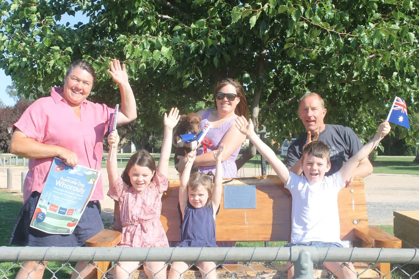 HANDS UP FOR AUSTRALIA: The Whorouly Memorial Park committee is all systems go for Australia Day. Ready for Wednesday\\'s celebrations are (from left) Ruth Costenaro, Molly Pethybridge, Nora Pethybridge, Elise Pethybridge, Owen Pethybridge and Dan Taylor  PHOTO: Martin Davis Id:19308
