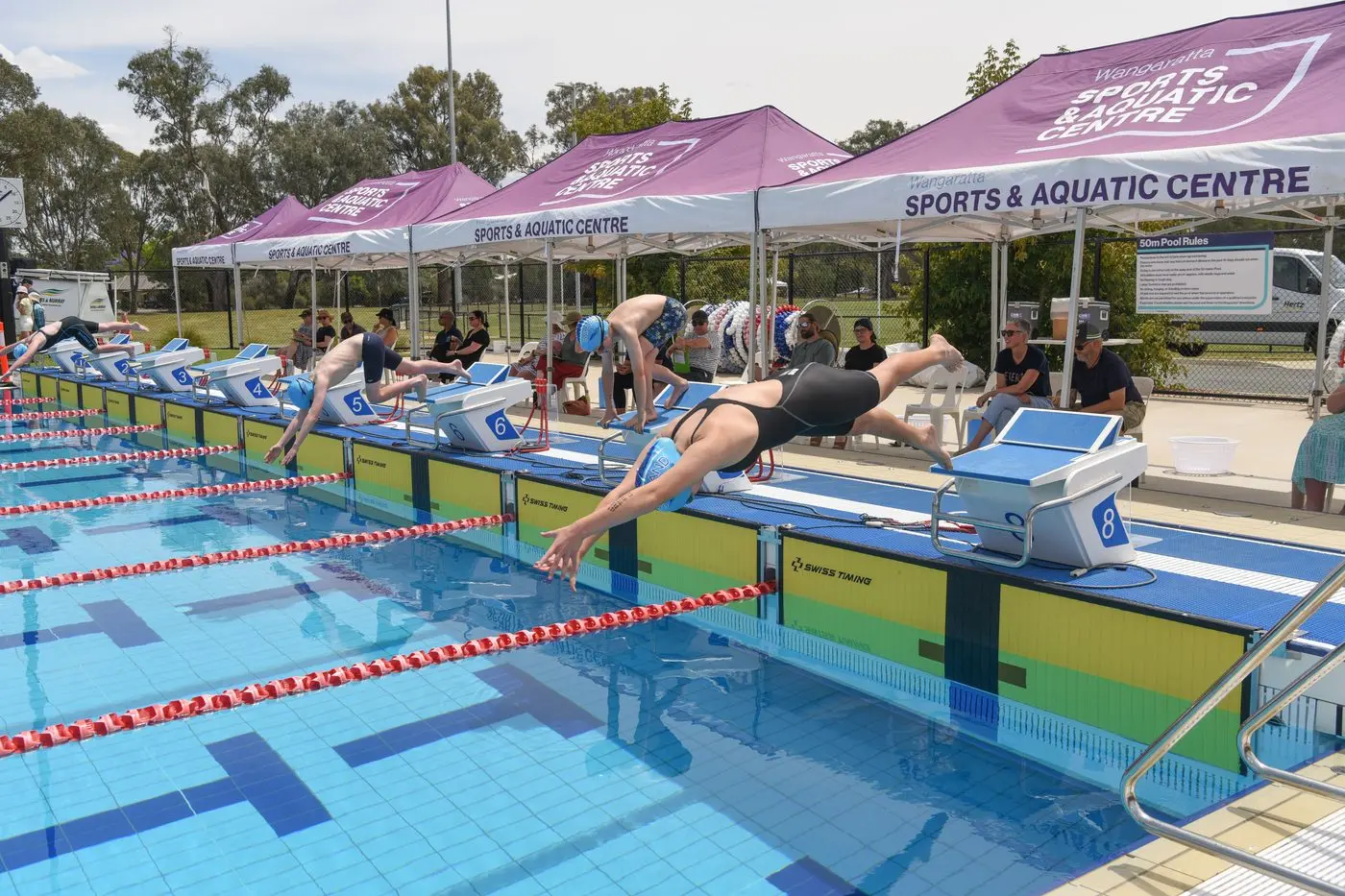AND THEY\\'RE OFF: Swimmers dive into the pool to try and post a strong time. PHOTOS: Kurt Hickling