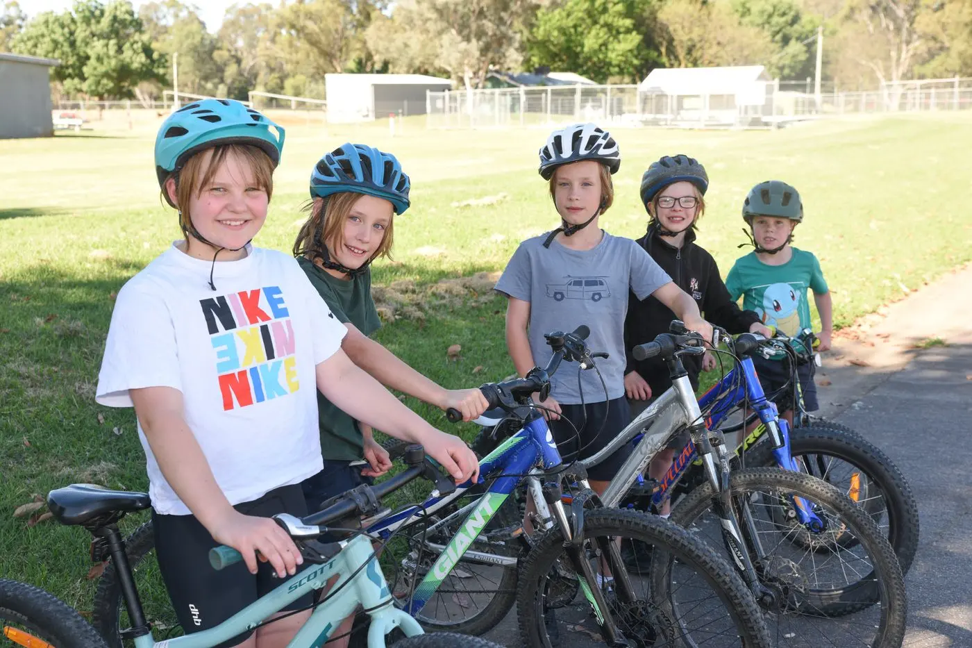 ON THEIR MARKS: Stella Reid, Toby Fitzgerald, Ben Fitzgerald, Eli Fitzgerald and Arthur Howe at the Wangaratta Cycling Club AusBike learn to ride session as the juniors look forward to the come and try junior clinics starting Friday night. PHOTO: Kurt Hickling