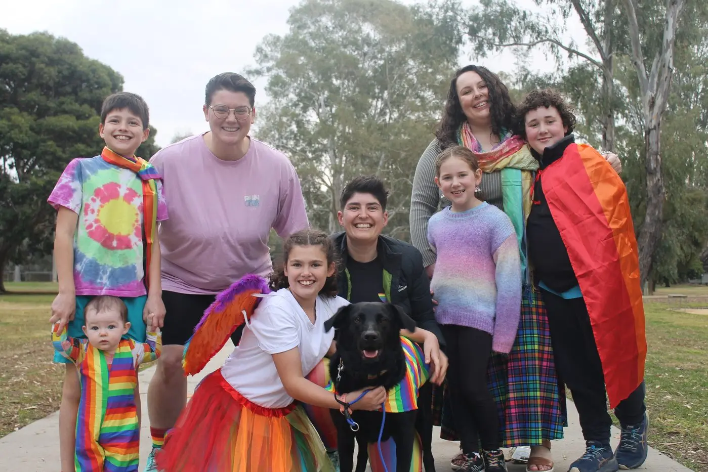 MOVE WITH MEANING: The community is invited to join Felix Leatham, Margot Sewell-Dolphin, Elena Sewell-Dolphin, Henrietta Leatham, Allison Winters, Ripley the dog, Alice Meravi, Claire Meravi and Hamish Meravi  in Wangaratta\\'s Parkrun wearing rainbows and bright colours to celebrate Pride Month. PHOTOS: Jordan Duursma
