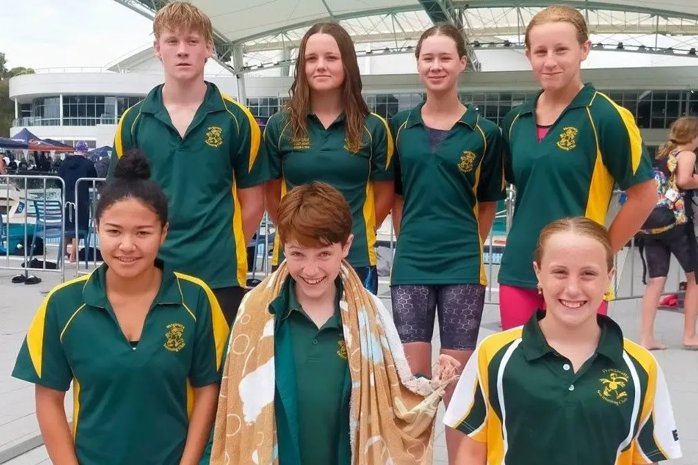 STARS: (Back L-R) Harry Allen, Alice Colson, Evelyn Selby, Ingrid Brettig, (front L-R) Nina Fortaliza, Dylan Dickson and Arabella Chapman competed at the Victorian Sprint Swimming Championships.