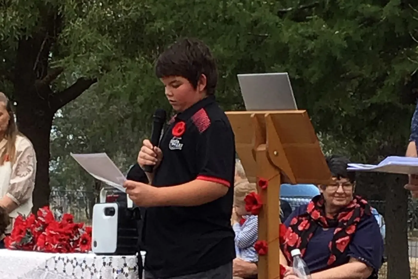 <p>COMMUNITY EVENT: Student Hunter Pollard addressed the audience during this year\\'s Anzac Day commemorations at the Greta Cemetery.</p>\\n