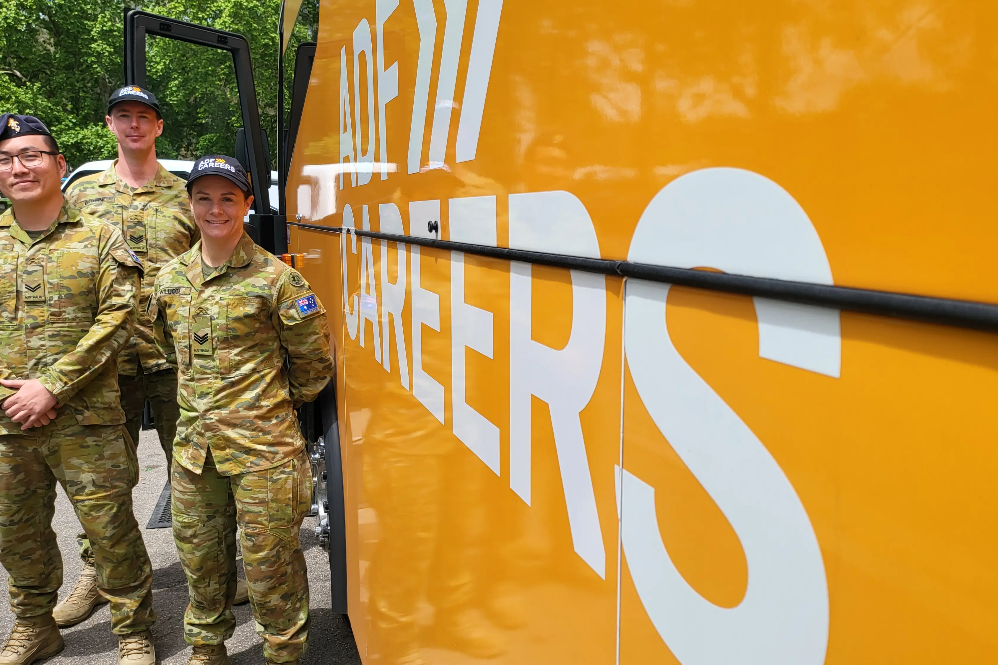 <p>ALL ABOARD: ADF Corporal Jia Hu, Sergeant Fletcher Browne, and Sergeant Sheree Willcox. PHOTO: Steve Kelly</p>\\n