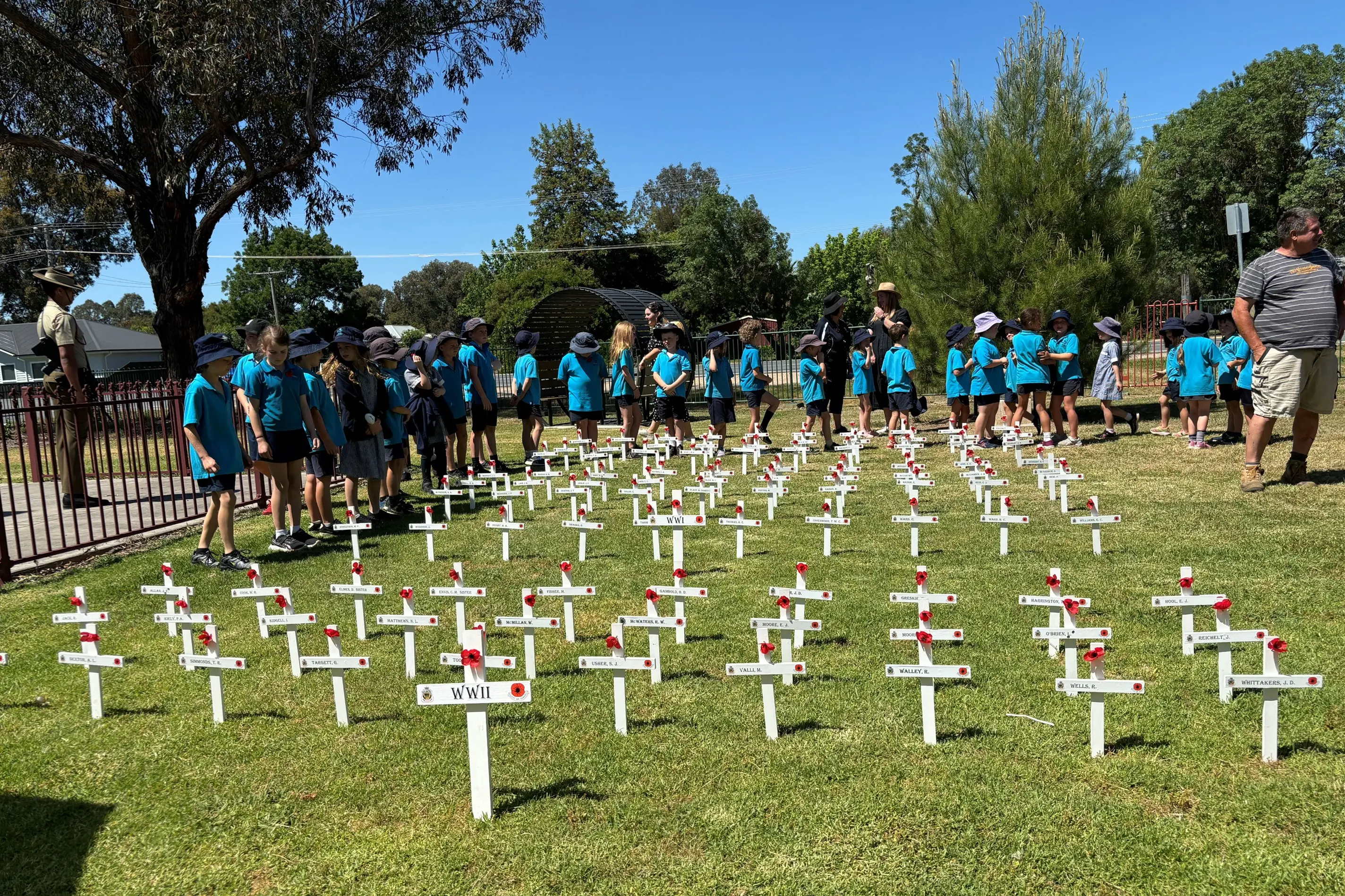 <p>FITTING TRIBUTE: A field of crosses beside the 100-year-old Oxley War Memorial will once again be a feature of the Remembrance Day service in Oxley on Tuesday, 11 November from 10.30am. PHOTO: Belinda Harrison</p>\\n