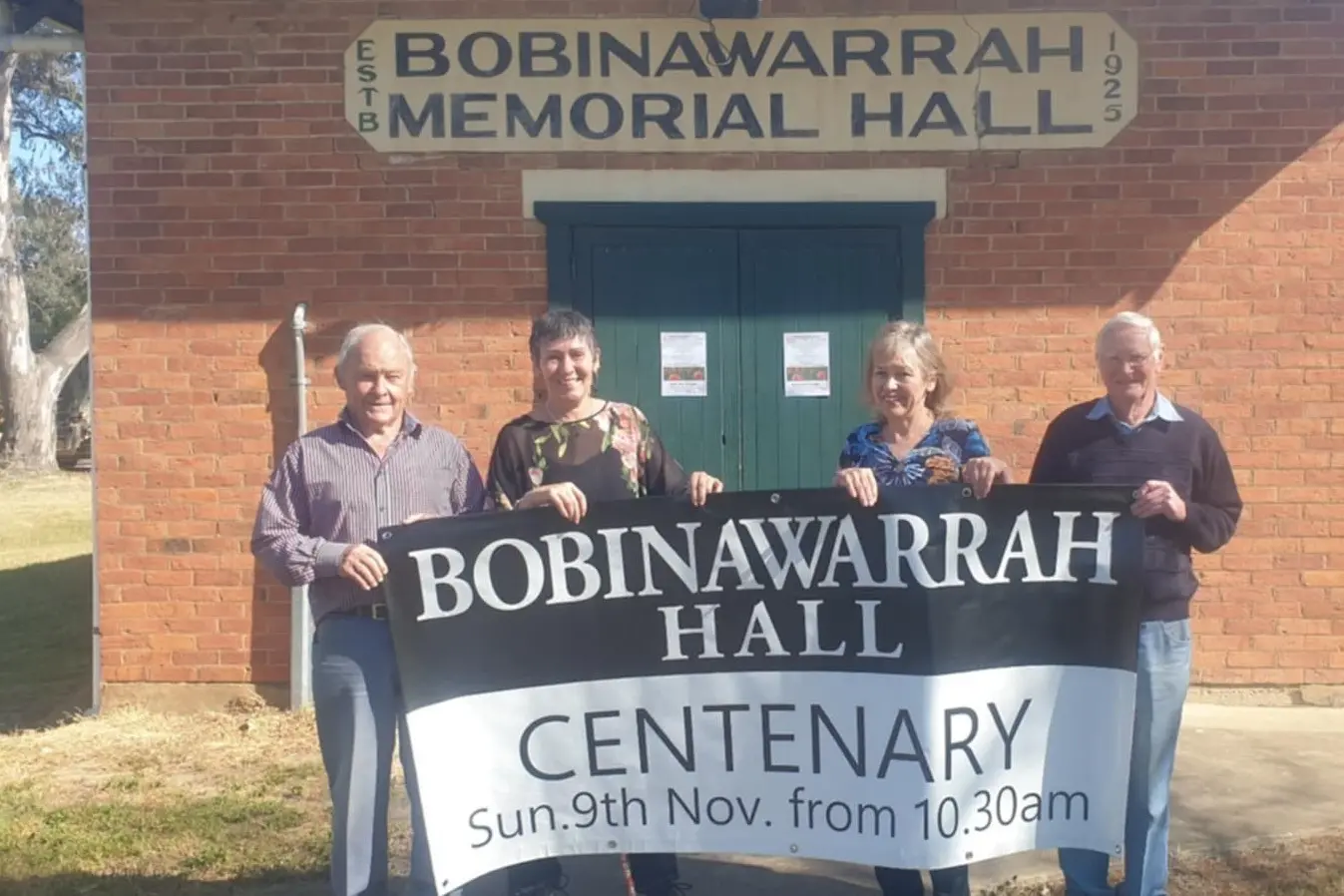 <p>CELEBRATING A CENTENARY: Bobinawarrah Hall committee members Rex Gibb, Sue Hurley, Debbie Conroy and Robert Bridgfoot are looking forward to the upcoming centenary celebration.</p>\\n