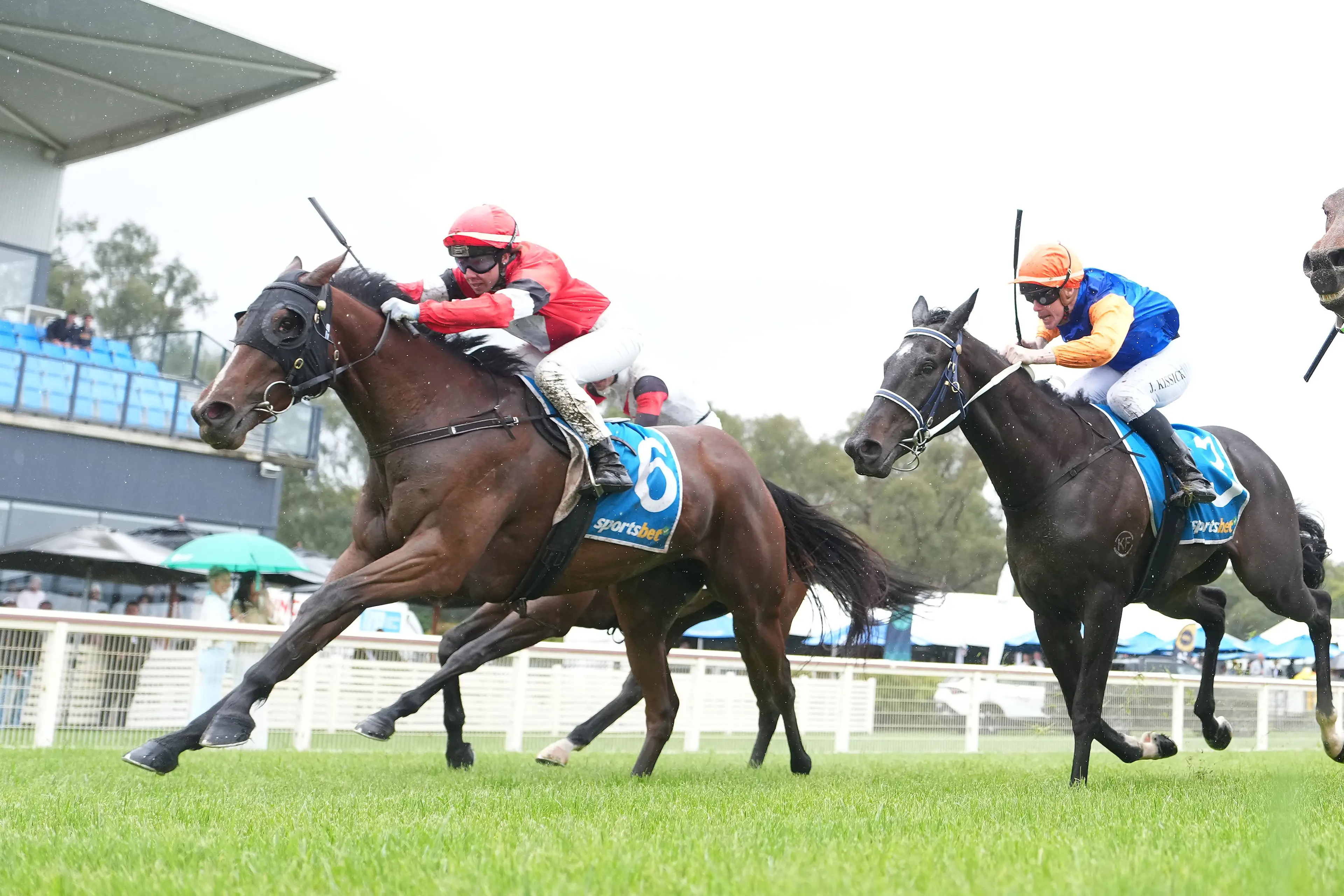 <p>PAST THE POST: Please Me Do (left) leads the field at the dash to the post, ahead of Palladium (right) in race one at Wangaratta on Tuesday. PHOTOS: Racing Photos</p>\\n