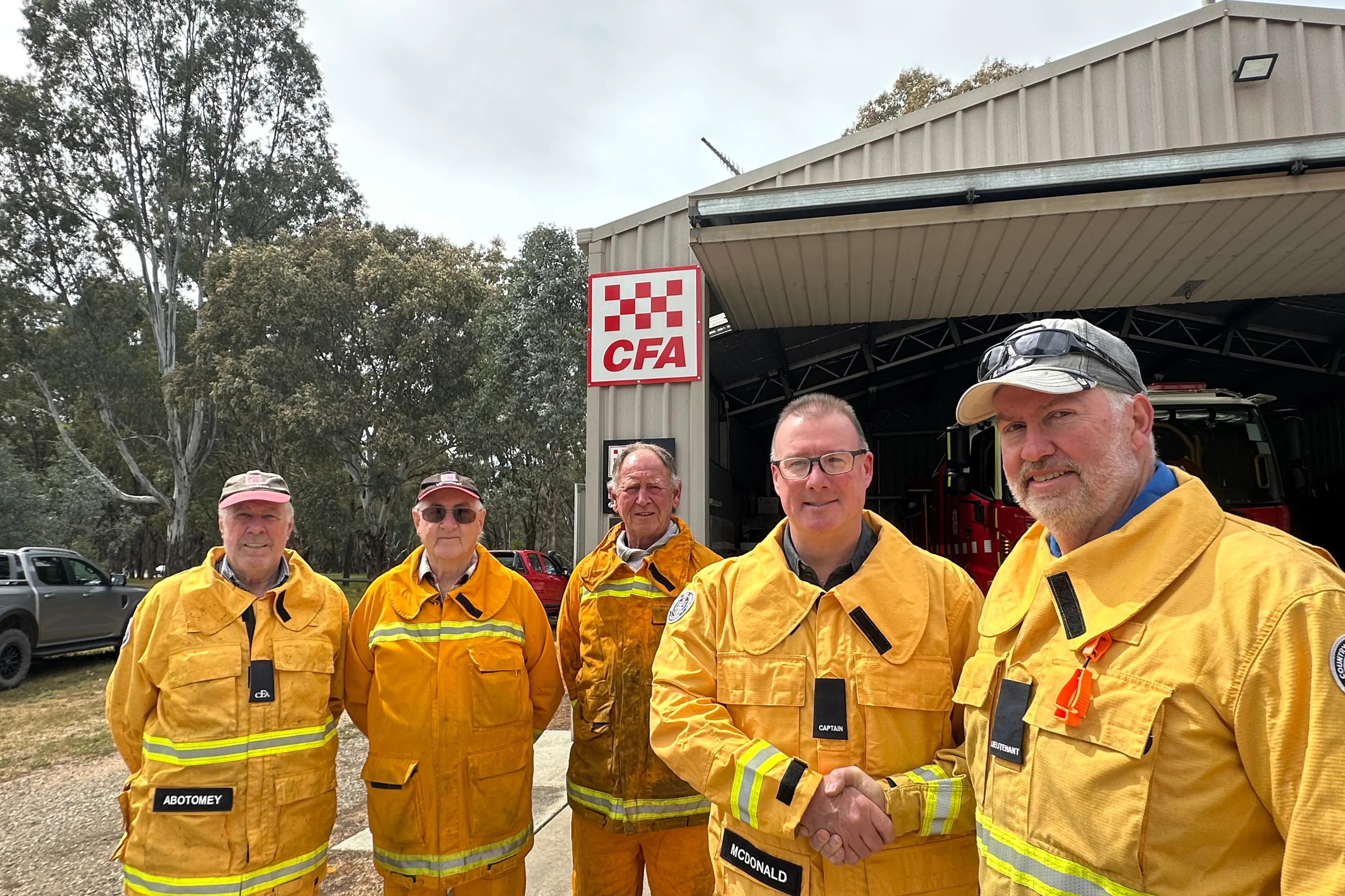 <p>COMBINING FORCES: Oxley CFA members Graham Abotomey, Tony Carroll, Wayne Doig with Oxley CFA captain Brendan McDonald and former Oxley Flats CFA captain Steve Sullivan as the brigades merged as one earlier this year. PHOTO: Bailey Zimmermann</p>\\n