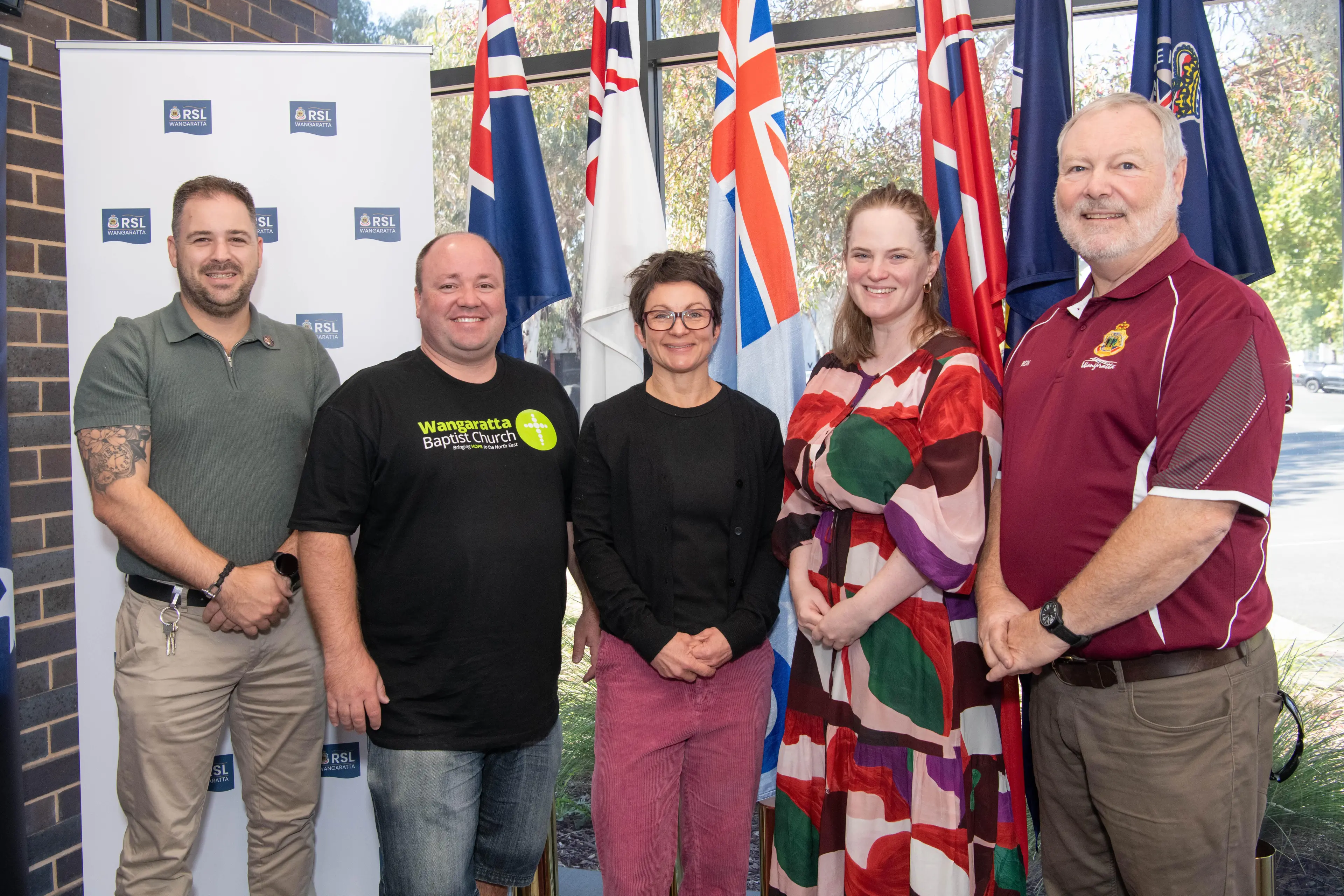 <p>GRATEFUL RECIPIENTS: Wangaratta RSL general manager Chris Simsen, Wangaratta Baptist Church Pastor Aaron Wardle from Thread Together, Big Brothers Big Sisters Wangaratta representative Caz Sammon, Into Our Hands Community Foundation executive officer Sylvie Huigen and Wangaratta RSL Sub-Branch treasurer Ron Sneddon at the announcement of this year\\u2019s RSL community grants round, which assisted many areas of the community.  PHOTO: Kurt Hickling</p>\\n
