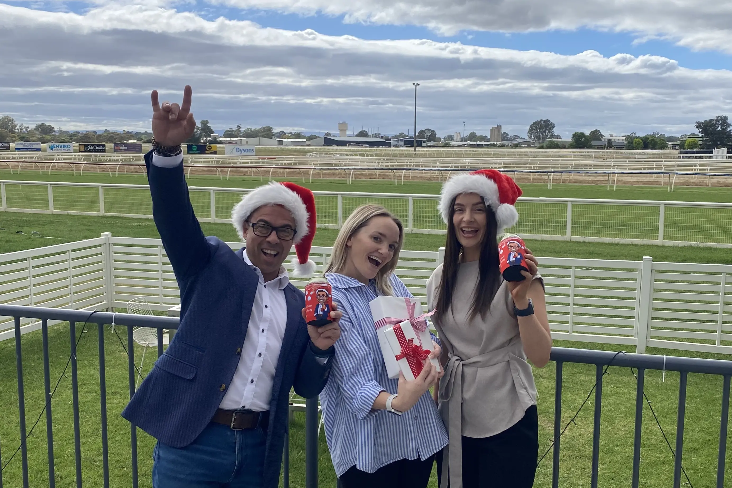 <p>CHRISTMAS SPIRIT: Angelo Pomponio, Emma Merlo and Sarah Hearne are inviting the community to kick off the festive season at the Insite Real Estate Christmas Party Race Day on Saturday. PHOTO: Jordan Duursma </p>\\n