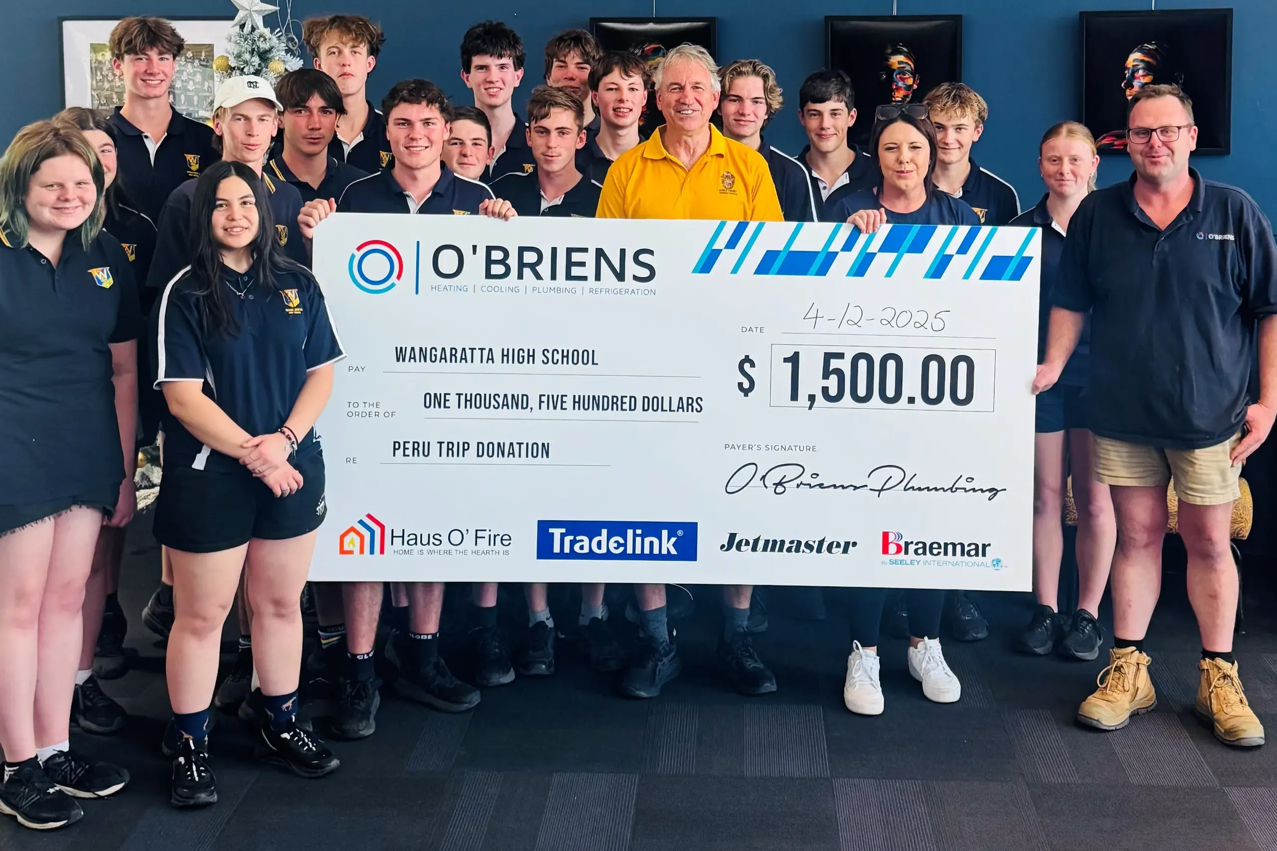 <p>PAYING IT FORWARD: Wangaratta High School students and staff were rapt to receive a $1500 cheque from local business O\\'Briens Heating Cooling Plumbing & Refrigeration to assist in funding their upcoming service trip to Peru. </p>\\n