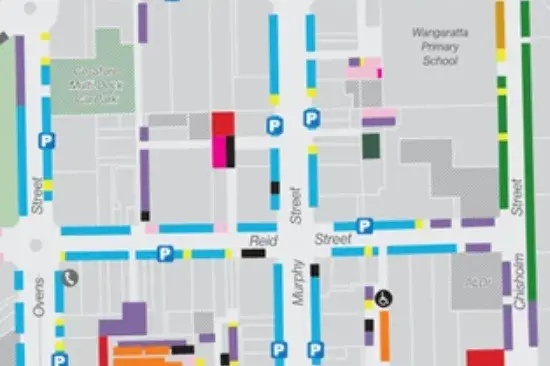 <p>THEY\\'RE BACK: A map of Wangaratta\\'s CBD displaying proposed parking meter locations marked with the distinctive white P, blue background symbol.</p>\\n