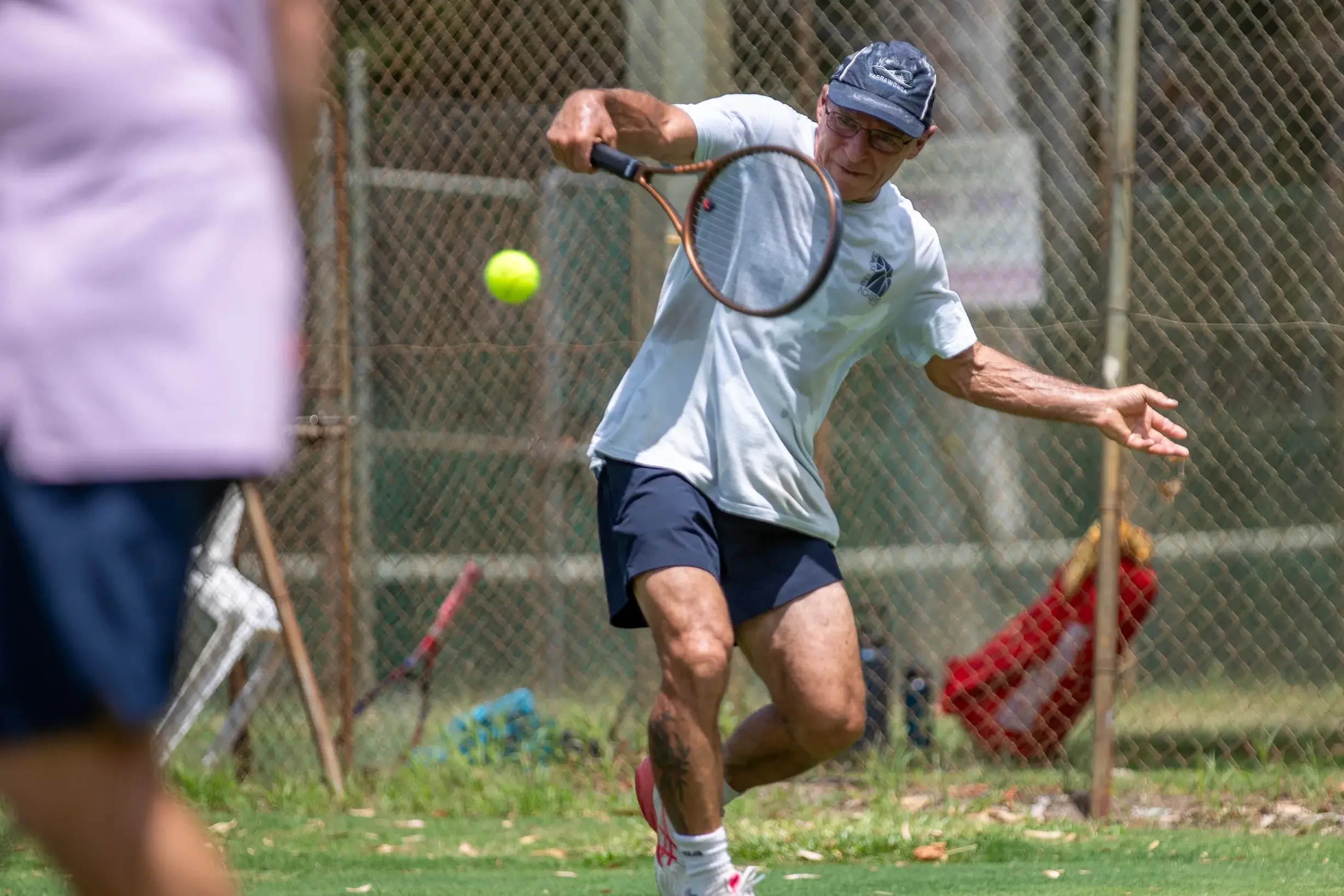 <p>BACKHAND POWER: John Brunner slams a powerful shot back over the net in section one of the WLTCP aggregate competition. PHOTO: Melissa Beattie</p>\\n