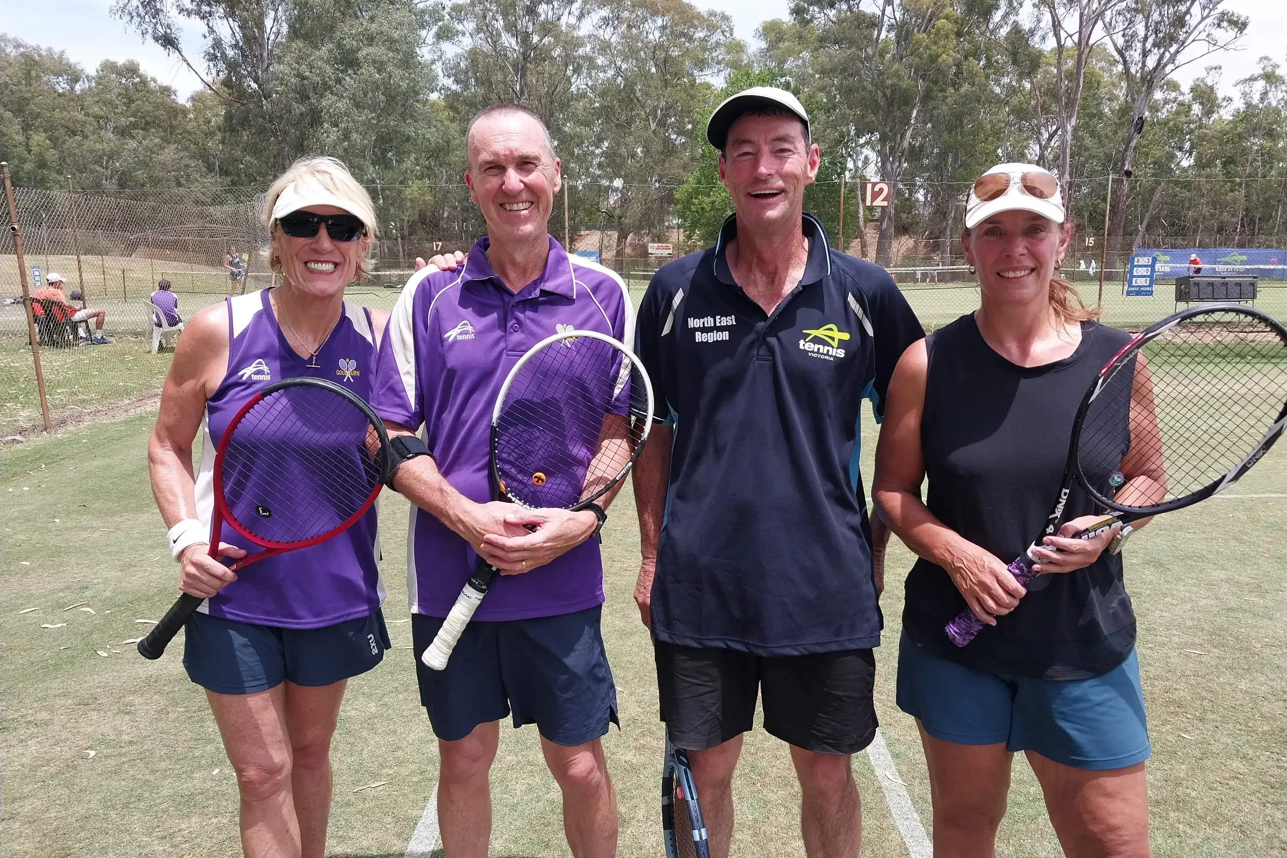 <p>SMILES ON COURT: Wangaratta\\'s Carolyn Shaw (right) with North East teammate Travis McDonald and their Goulburn Valley opponents Kate Campbell and Daryl Bennett at the Tennis Victoria Inter-Regional Country Championships over the weekend. PHOTO: David Godkin</p>\\n