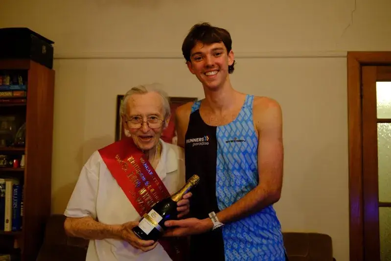 <p>FAMILY FOCUS: The first stop for Will Lovett after winning the 1600m Open Handicap at the Wangaratta Sports Carnival was to visit his grandfather Bruce Newman in Wangaratta to present him with the winner\\'s sash. PHOTO: Shane Douthie</p>\\n