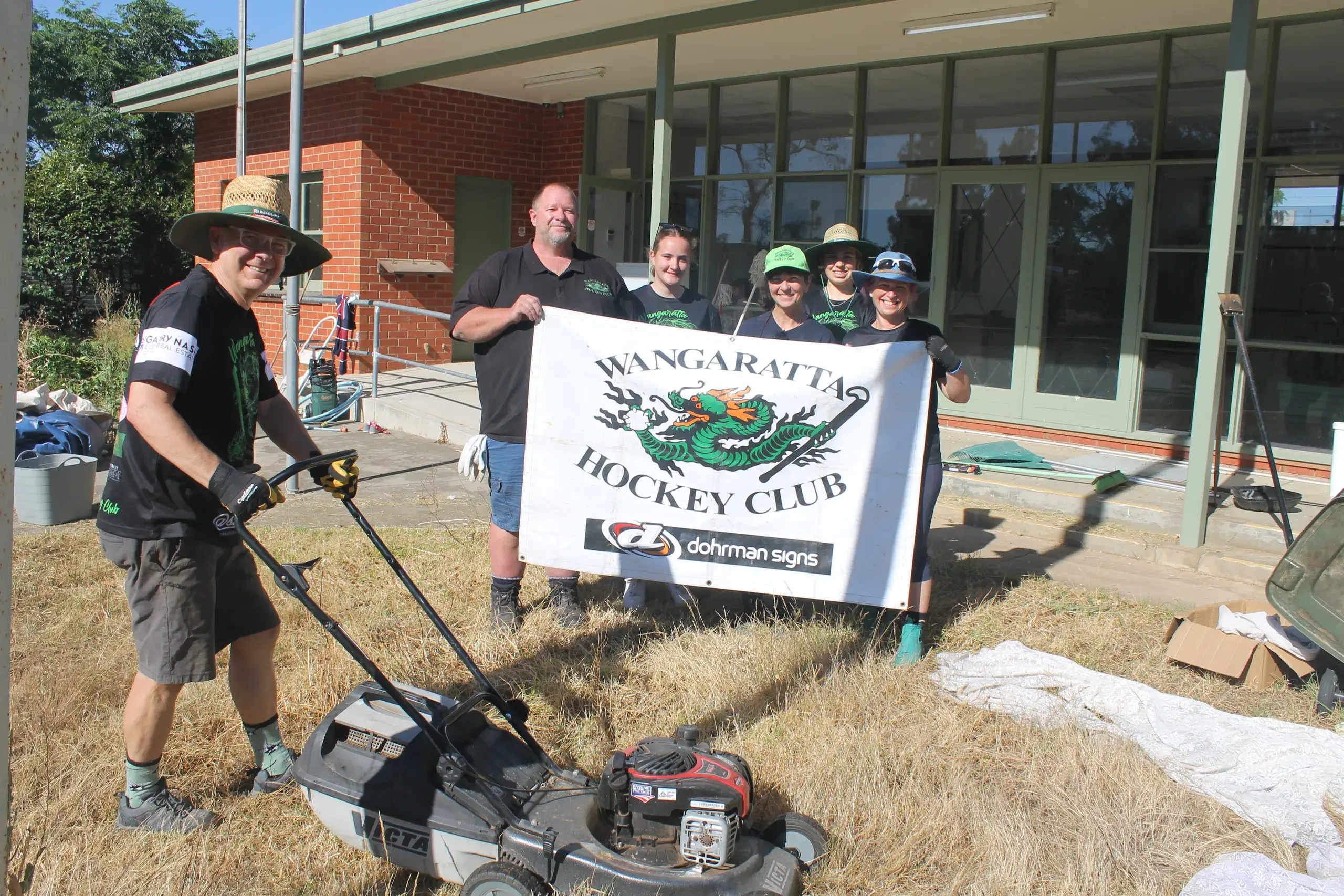 <p>WELCOME HOME: Wangaratta Dragons Hockey Club members (from left) Wes Samson, Daniel Warner, Charlotte Bongers, Lesley Forman, Elle Samson and Kylie Samson took time out of their Sunday morning to do some work around their new clubrooms at Wareena Park. PHOTO: Nathan de Vries</p>\\n