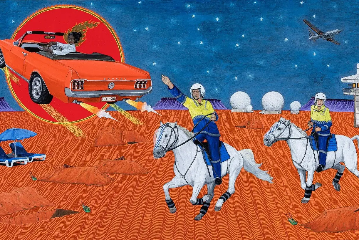 <p>MIXED MESSAGING: Exploring relevant themes of how we perceive truth, the exhibition includes Ryan Presley, The Dunes (How good is Australia), 2019, oil, lapis lazuli, and 23k gold leaf on Hoop Pine panel, 53.5 x 100cm, Winner 15 Artists 2019, City of Moreton Bay Art Collection.</p>\\n