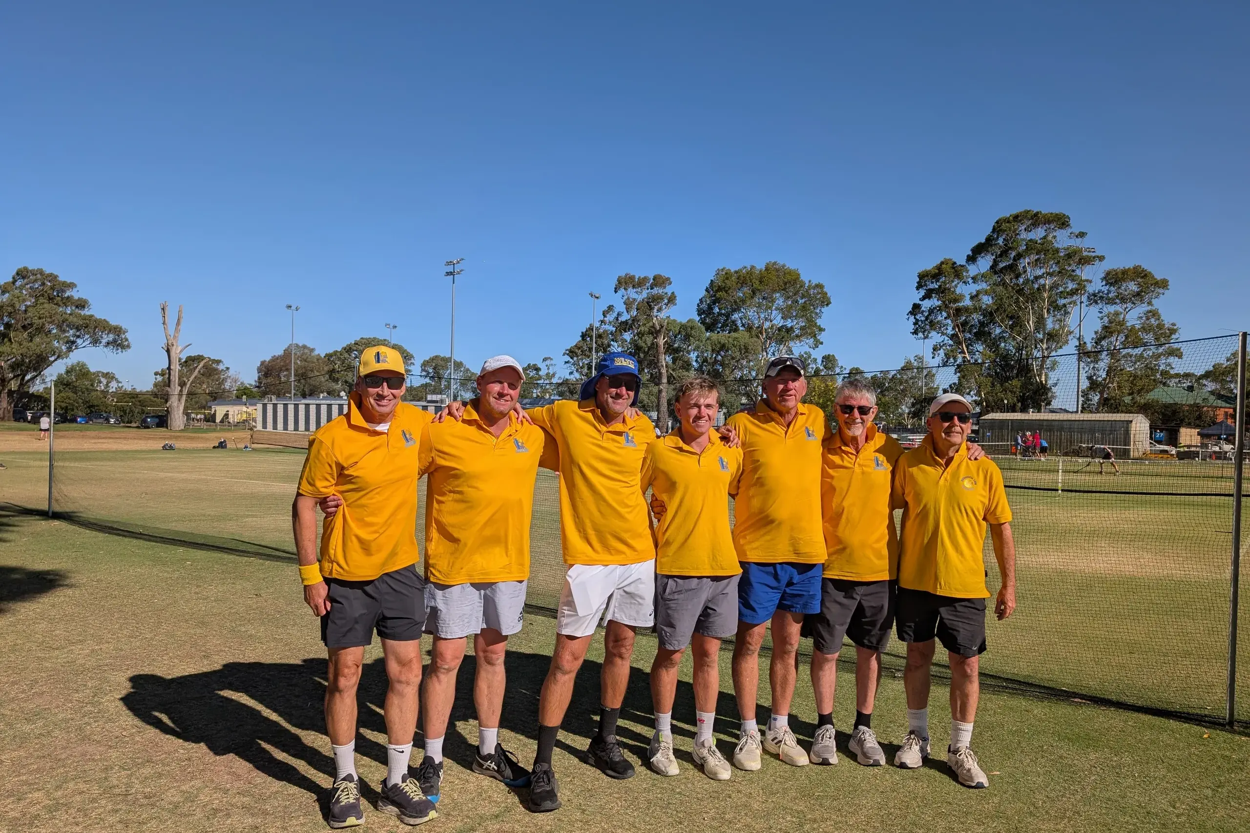 <p>A TEAM UNITED: Wangaratta Legionnaires (from left) Barry Sullivan, Ben Kneebone, Shane Flynn, Joe Allen, Matt Allen, Frank Harris and Kevin Callahan (absent Pat Flynn) at Country Week in Shepparton-Mooroopna. </p>\\n