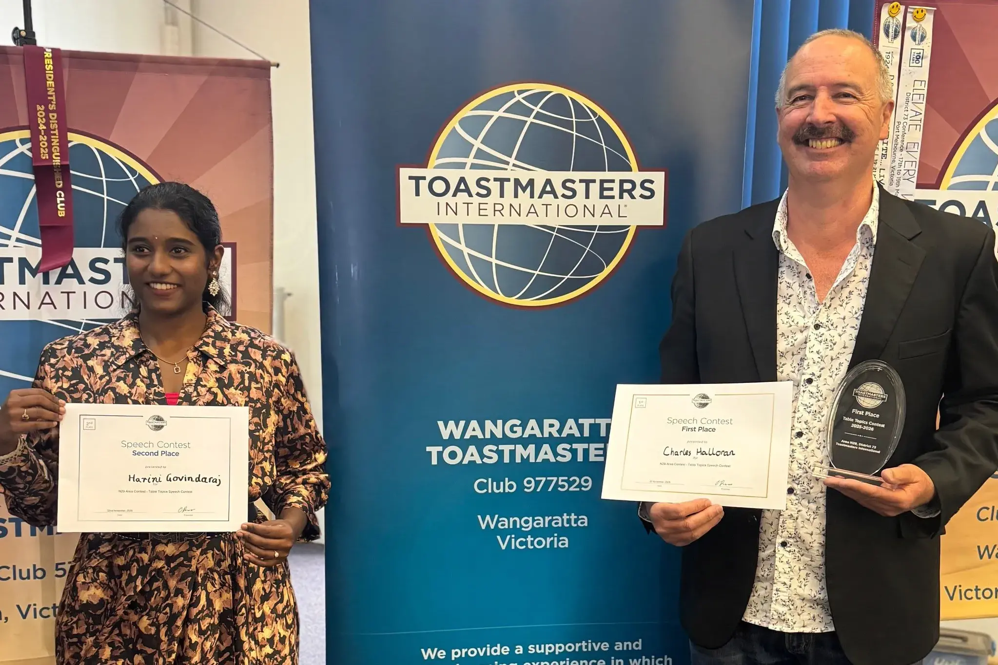<p>SPEAKING WITH CONFIDENCE: Wangaratta Toastmasters Club president Charles Halloran and member Harini Govindaraj competed in the Northern Division contest, with Charles winning through to the District 73 Conference in May.</p>\\n