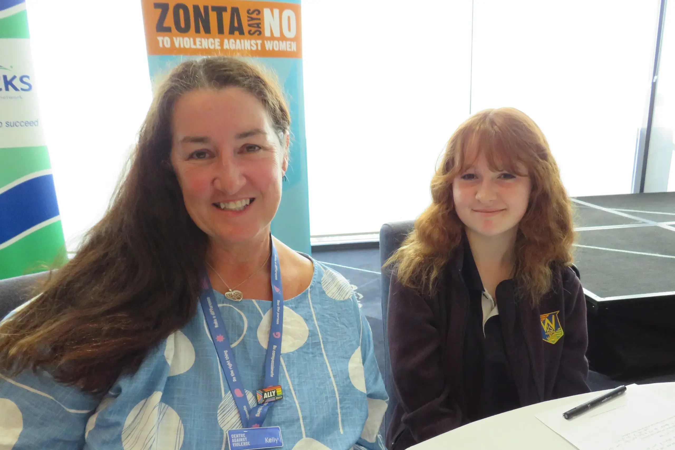 <p>SHARING STORIES: Kelly Timms from Centre Against Violence chatted with Wangaratta High School student Leila Fischer.  PHOTO: Simone Kerwin</p>\\n