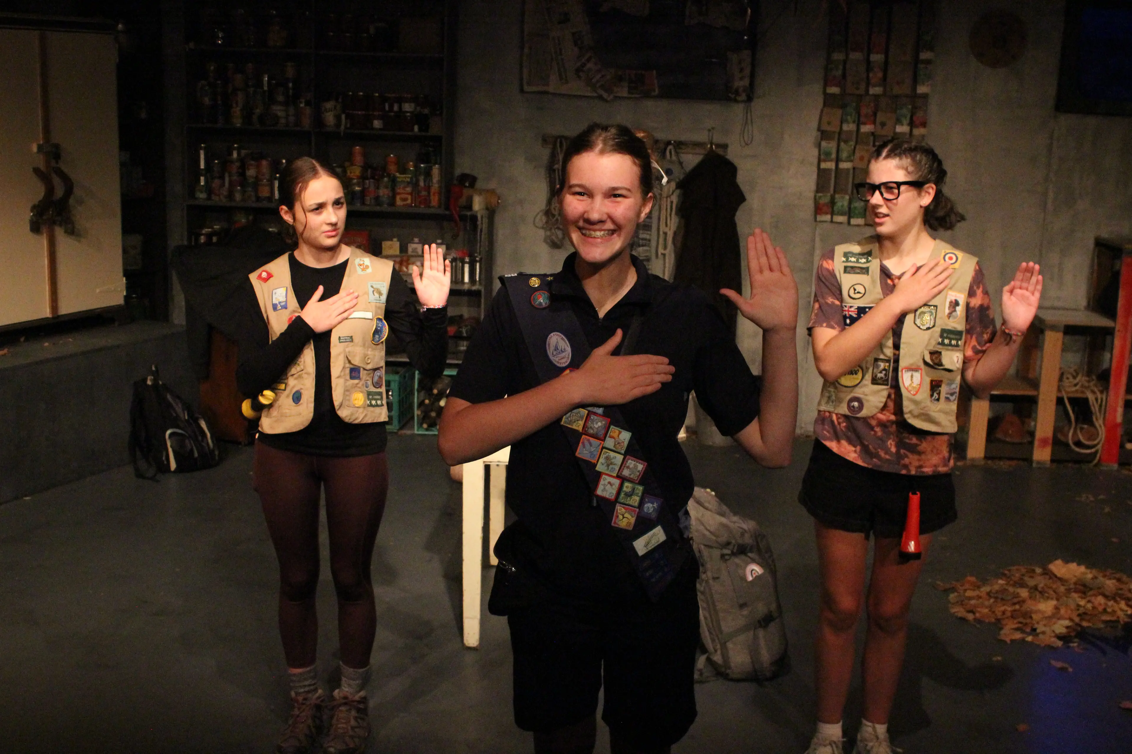 <p>FULLY PREPPED: Actors Alba, Ginger, and Bonnie take a vow at rehearsal before taking their bows tonight.</p>\\n