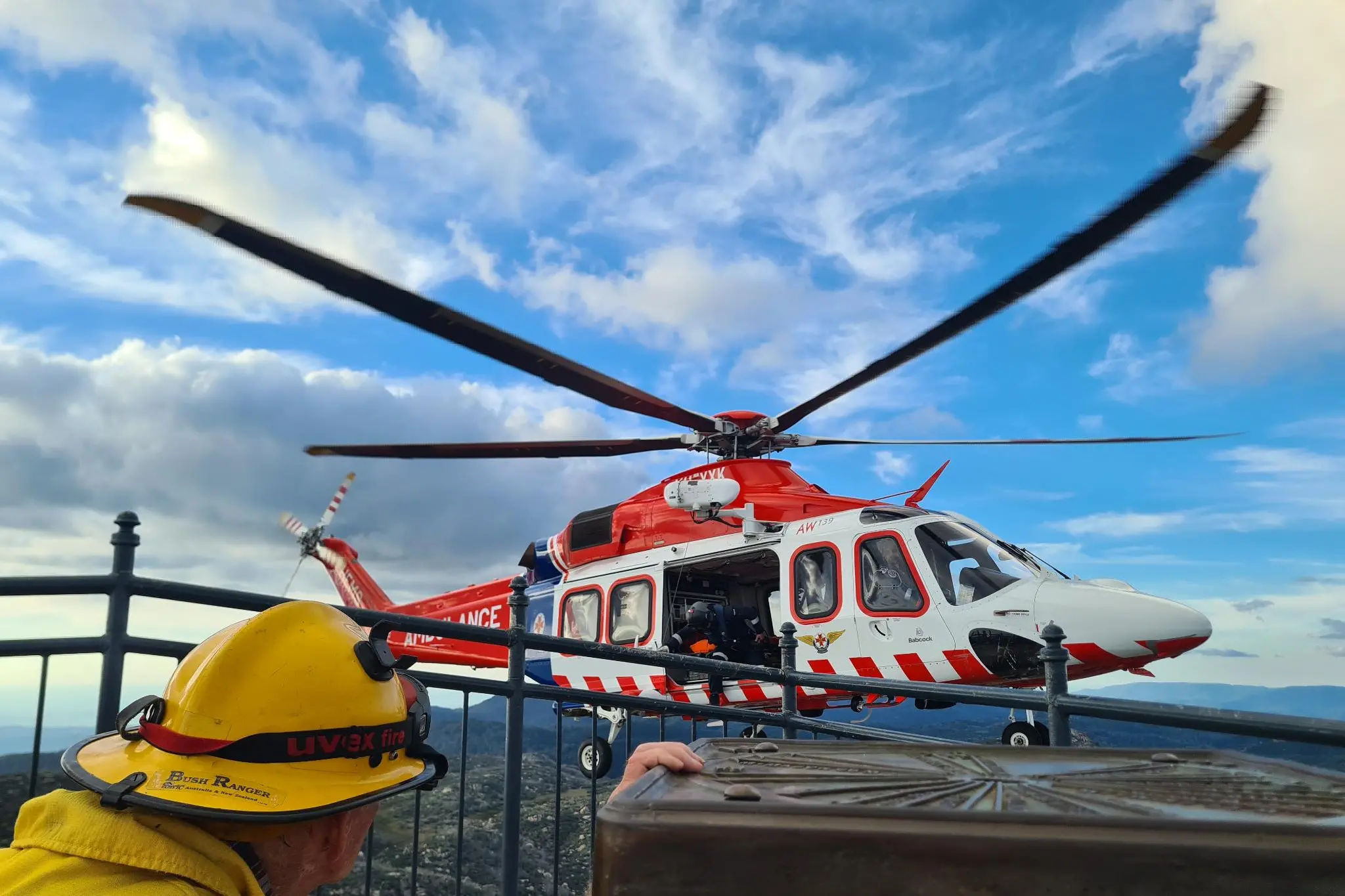 <p>FLYING IN: A rock climber was airlifted to hospital following a fall at The Horn at Mount Buffalo. PHOTO: Bright VICSES Unit</p>\\n