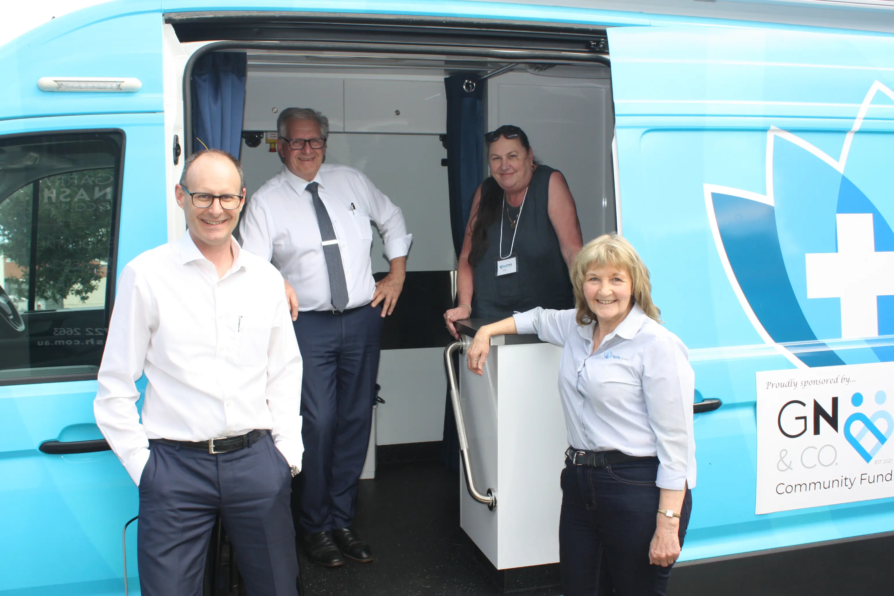 <p>COMMUNITY SUPPORT: Mike Noble and Garry Nash from the Garry Nash & Co. Community Fund, Alpine Outreach secretary Kerry Murphy, and AgBiz Care CEO Nerida Kerr are encouraging community members and businesses to donate to help rebuild and strengthen regional and rural communities after natural disasters. PHOTO: Jordan Duursma </p>\\n