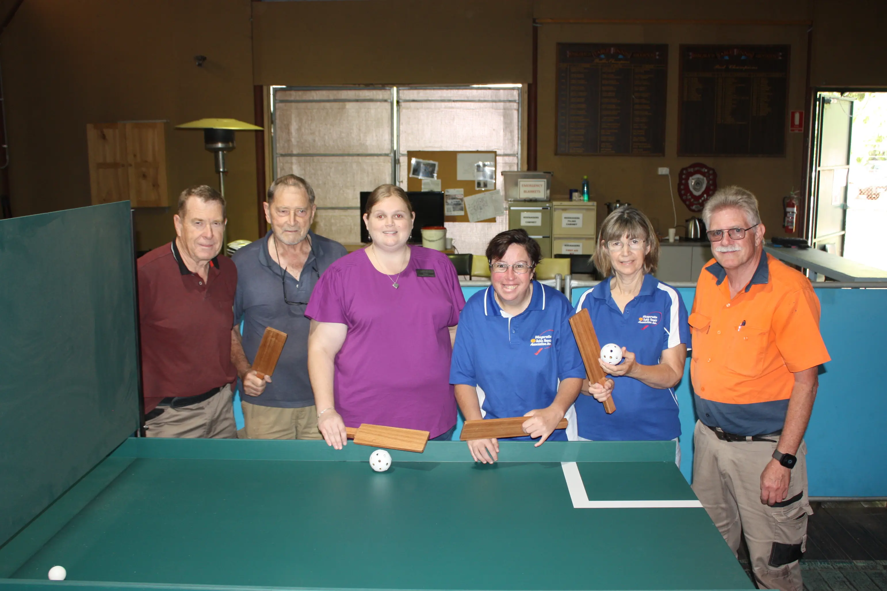 <p>COMMUNITY EFFORT: Colin Anderson and Warren Anker from the Wangaratta Woodworkers, BSRV Tegan Allen, Renee McCarthy and Julie Lindner from Wangaratta Table Tennis Association and Wangaratta Woodworkers president Bevan Tremellen are proud to launch the Swish table after a joint community effort to see it built. PHOTOS: Jordan Duursma </p>\\n