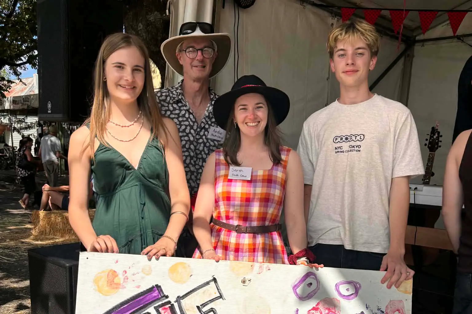 <p>ACOUSTICA: Yackandandah Folk Festival Acoustica Competition winner Layla Baines (left) and Harrison Kelly (second) with event organisers Sarah Webster and Andie Guerin (back). </p>\\n