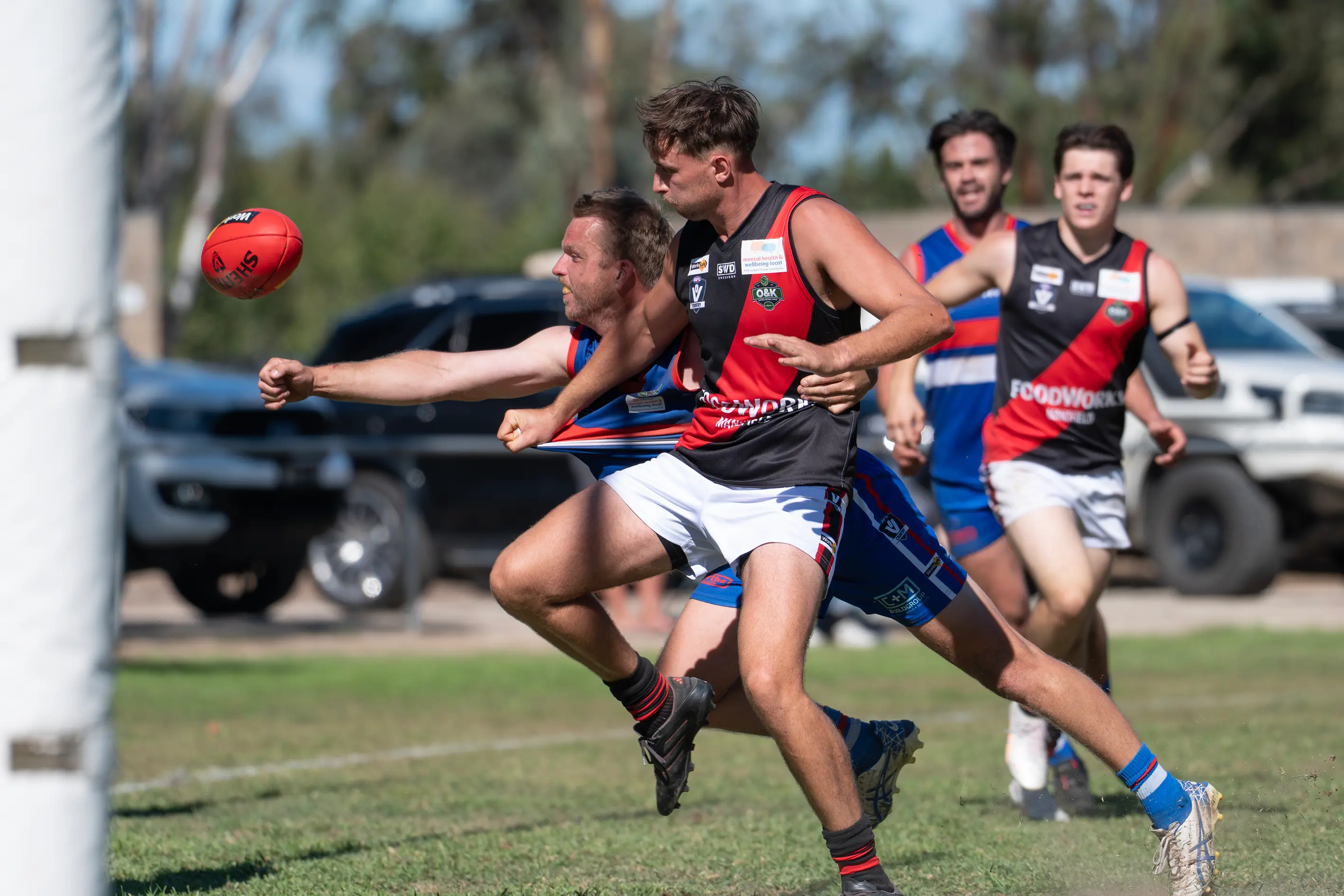 <p>GOAL SAVER: Pat Byrne thumps the ball through to deny Bonnie Doon the goal. PHOTO: Melissa Beattie</p>\\n