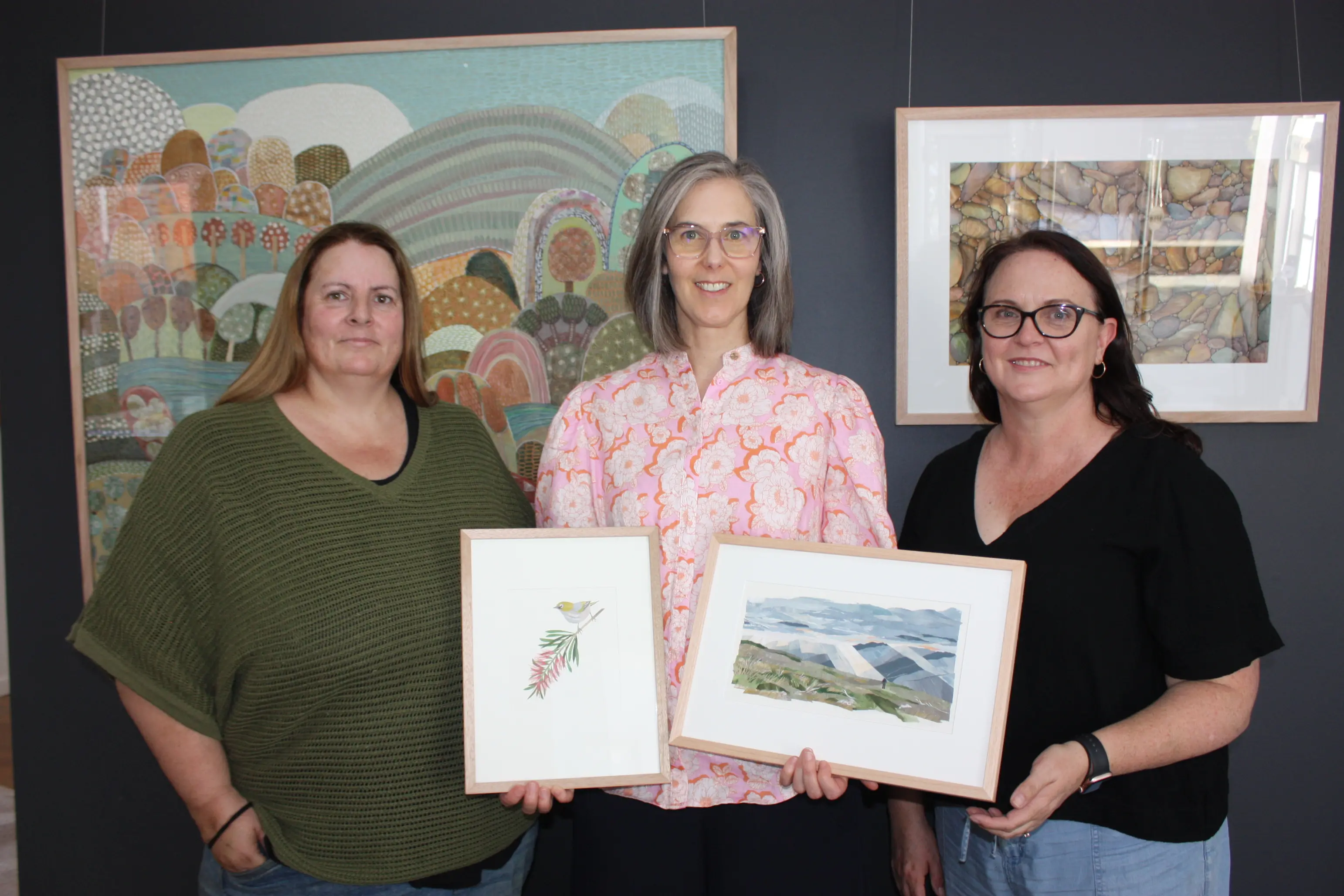 <p>EXPLORE: Works from Linda D\\u2019Agostino (right), Georgina Wills and Melissa Johns (left) explore place, memory, and imagination in their \\'Paper, Paint & Print\\' exhibition. PHOTO: Jordan Duursma </p>\\n